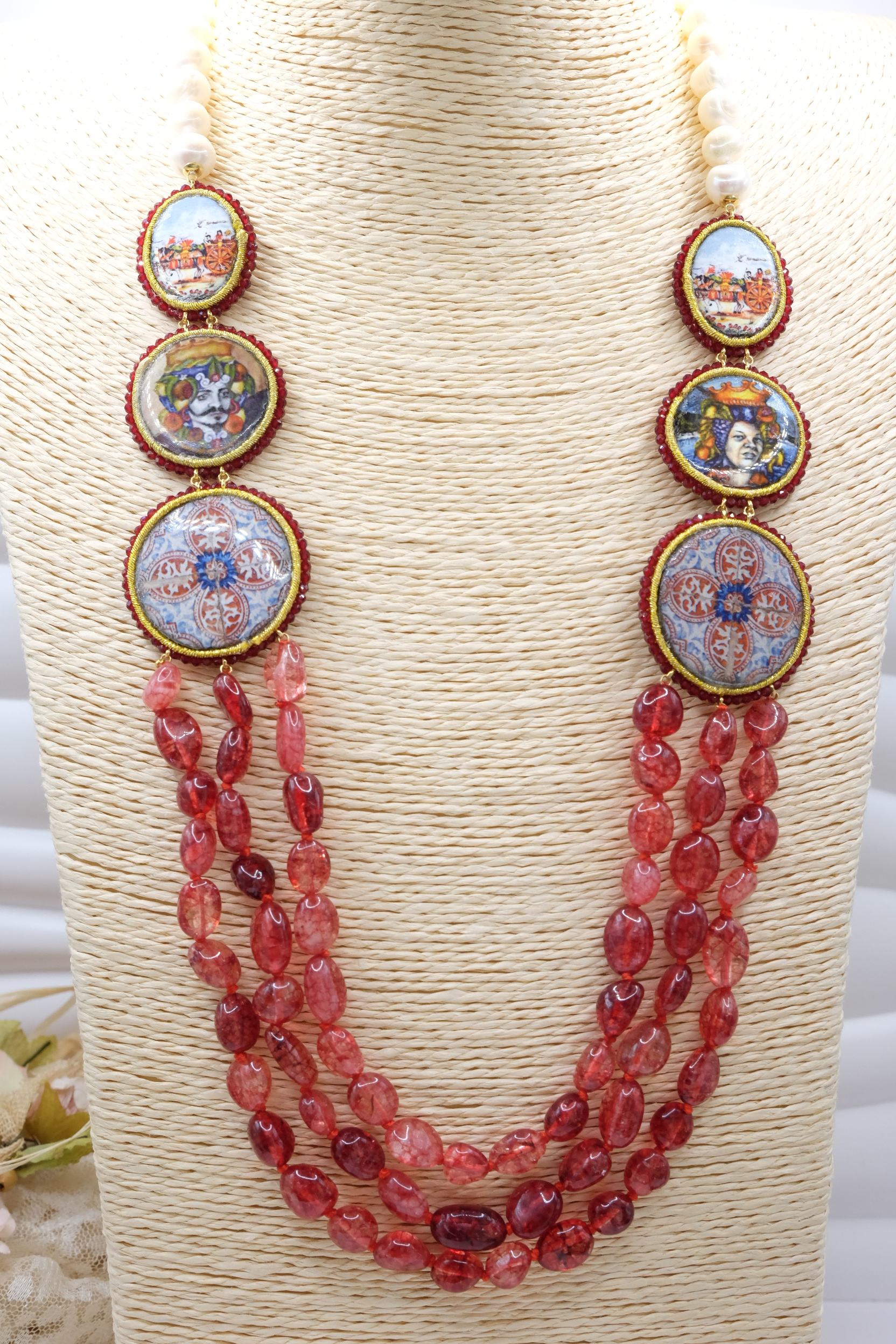 COLLANA MULTIFILO PERLE TORMALINE ROSA CERAMICA DI CALTAGIRONE ARTIGIANALE SICILIANA (2)