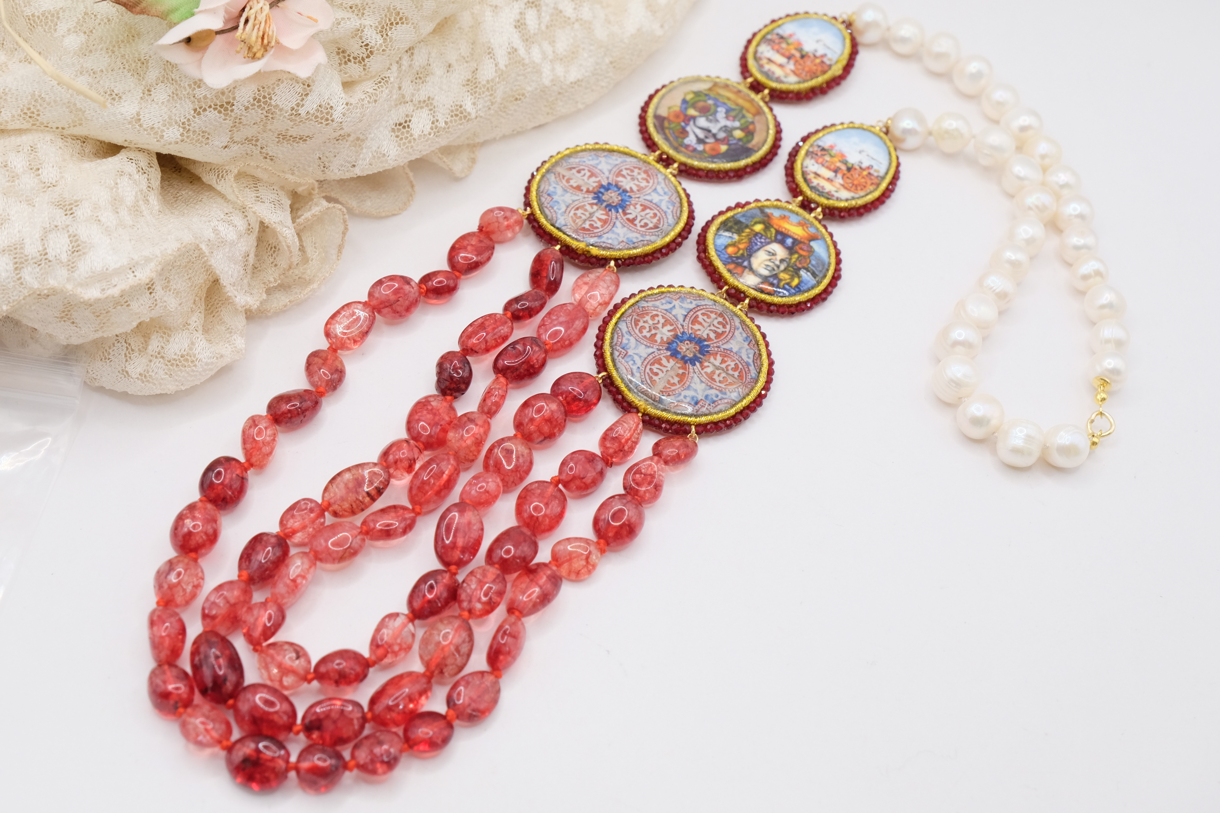 COLLANA MULTIFILO PERLE TORMALINE ROSA CERAMICA DI CALTAGIRONE ARTIGIANALE SICILIANA (3)