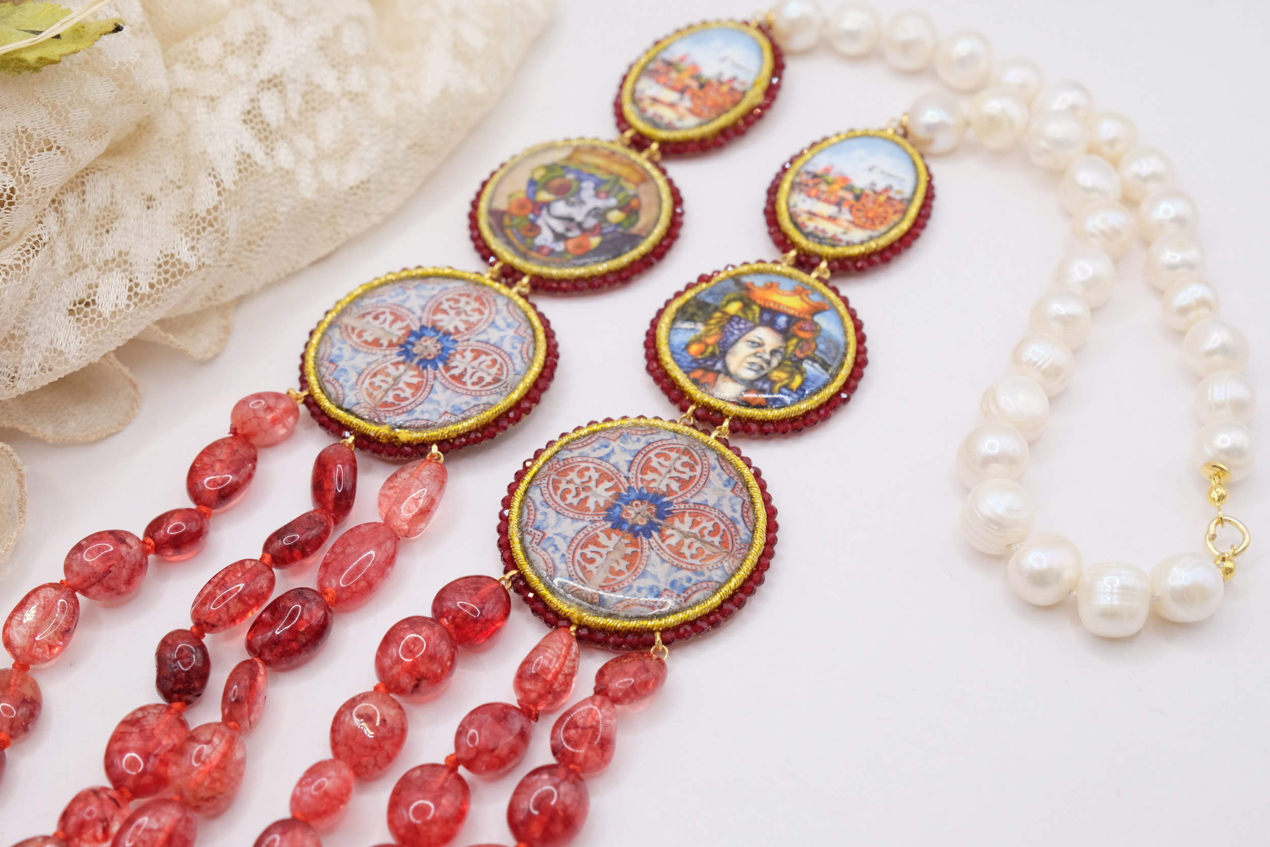 COLLANA MULTIFILO PERLE TORMALINE ROSA CERAMICA DI CALTAGIRONE ARTIGIANALE SICILIANA (4)