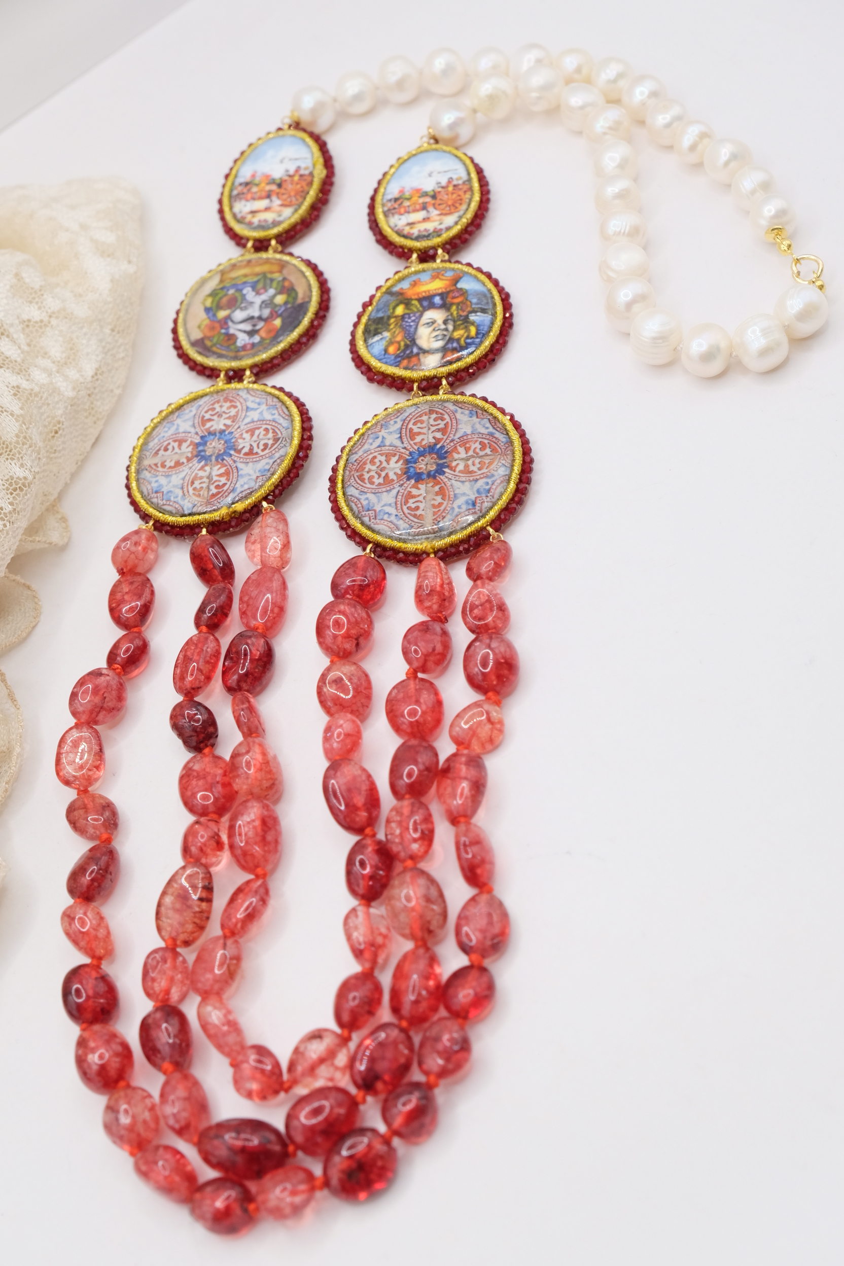 COLLANA MULTIFILO PERLE TORMALINE ROSA CERAMICA DI CALTAGIRONE ARTIGIANALE SICILIANA (5)