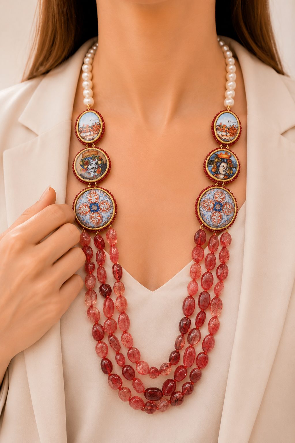 COLLANA MULTIFILO PERLE TORMALINE ROSA CERAMICA DI CALTAGIRONE ARTIGIANALE SICILIANA