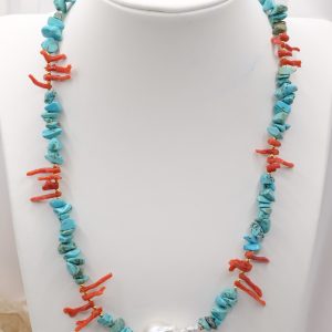 Collana Artigianale Argento 925 Dorato Corallo Turchese Perle<span> - </span>TURCHESE E CORALLO
