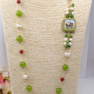 Collana Ceramica di Caltagirone Giada Verde Borgogna Perle Doppia Mattonella