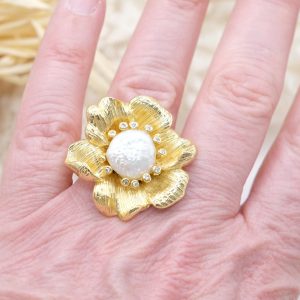 Anello Fiore Ottone Perla Zirconi Regolabile