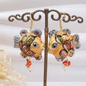 Orecchini Pesci Ceramica di Caltagirone Corallo e Perle o Lava 6 Varianti