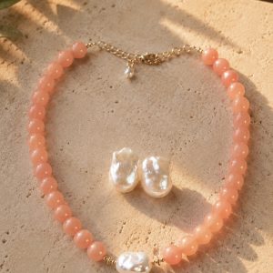 Parure Collana Giada Pesca con Perla + Orecchini Grandi Perle a Lobo