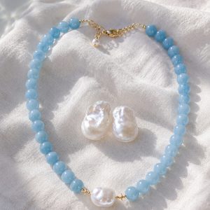 Parure Collana Angelite con Perla + Orecchini Grandi Perle a Lobo