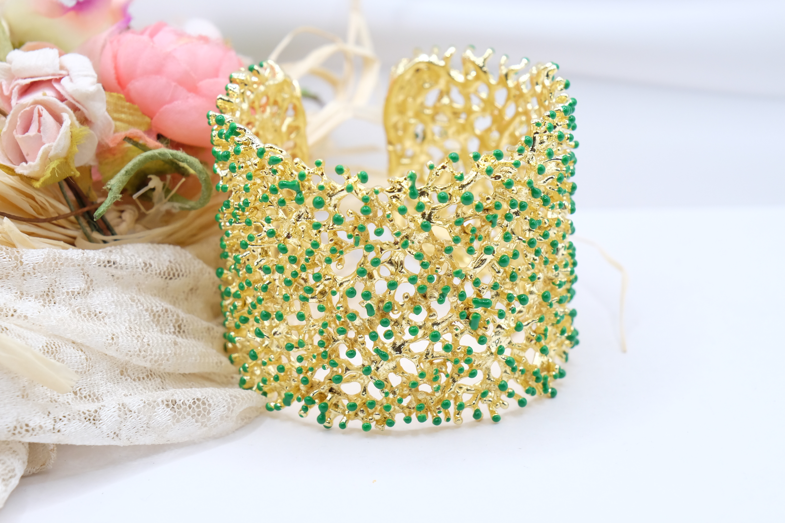 BRACCIALE ARTIGIANALE RAMO DI CORALLO PLACCATO ORO SMALTO VERDE (2)