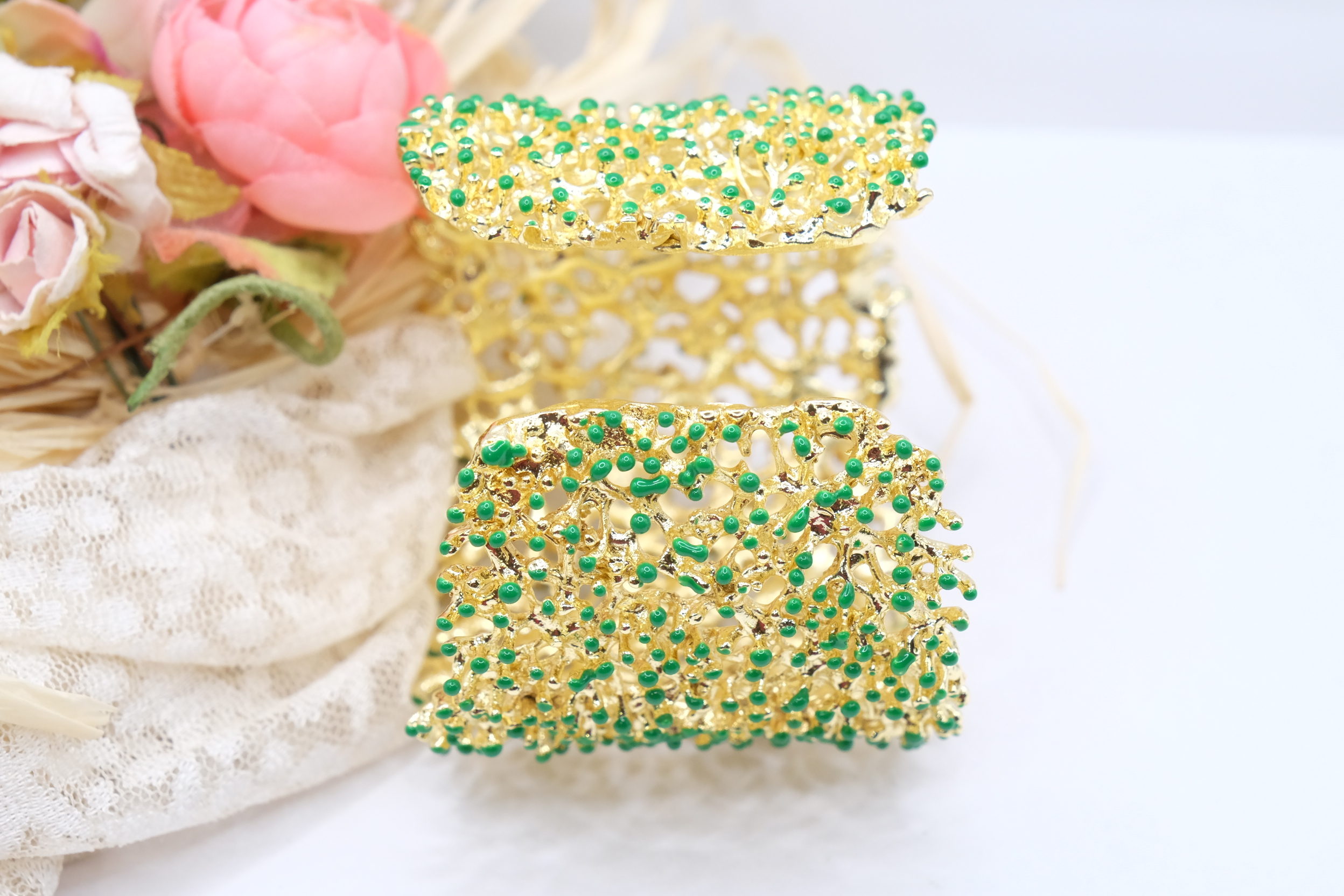 BRACCIALE ARTIGIANALE RAMO DI CORALLO PLACCATO ORO SMALTO VERDE (3)