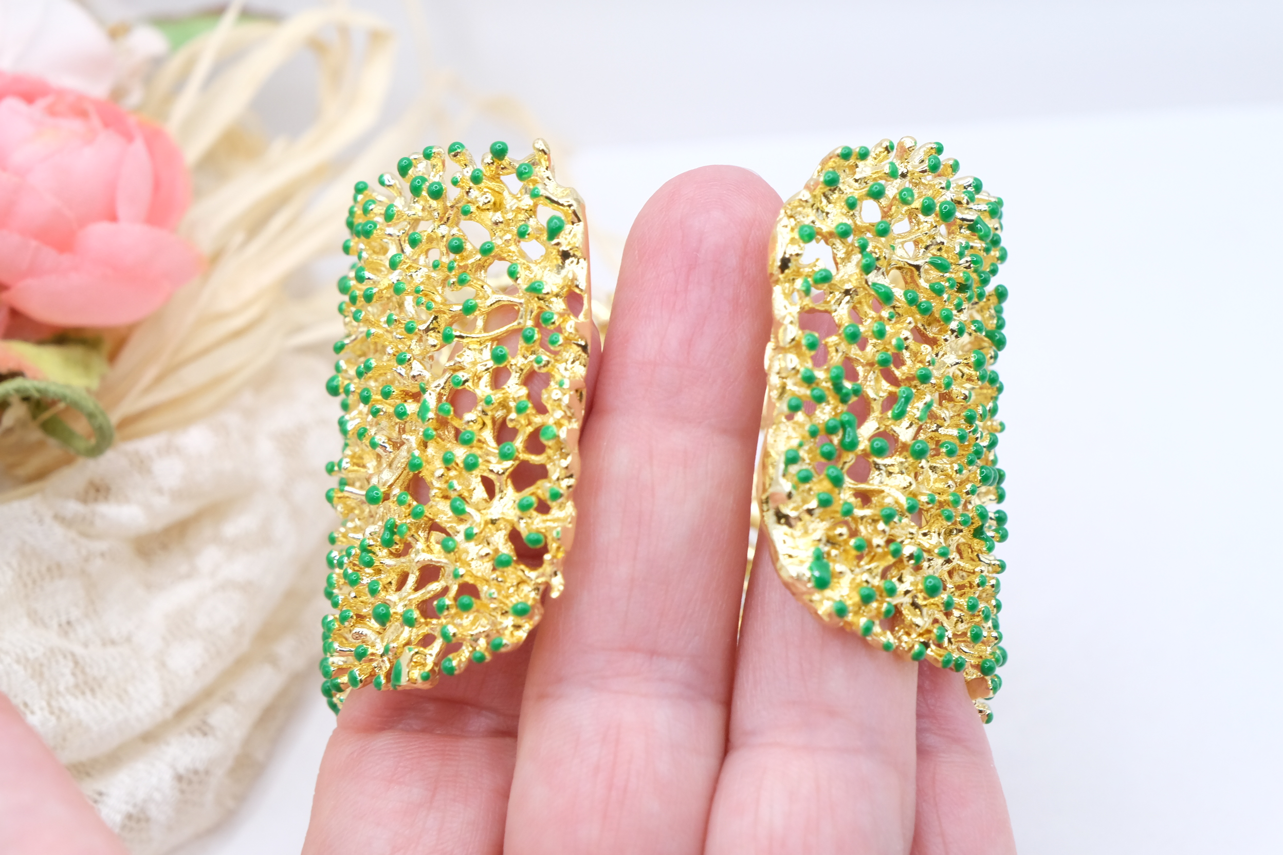 BRACCIALE ARTIGIANALE RAMO DI CORALLO PLACCATO ORO SMALTO VERDE (4)