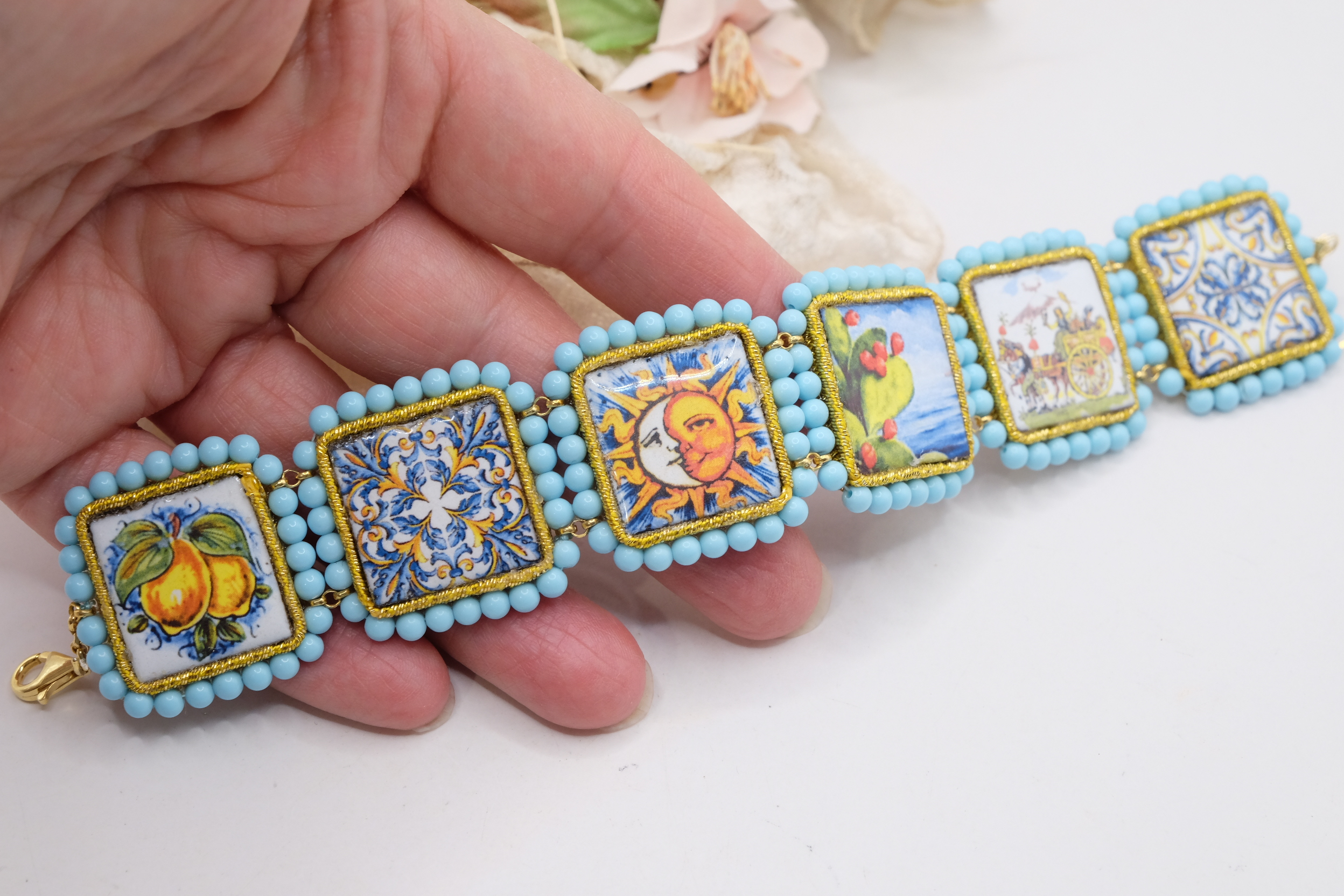 BRACCIALE MATTONELLE PASTA DI TURCHESE ARTIGIANALE CERAMICA DI CALTAGIRONE V B (1)