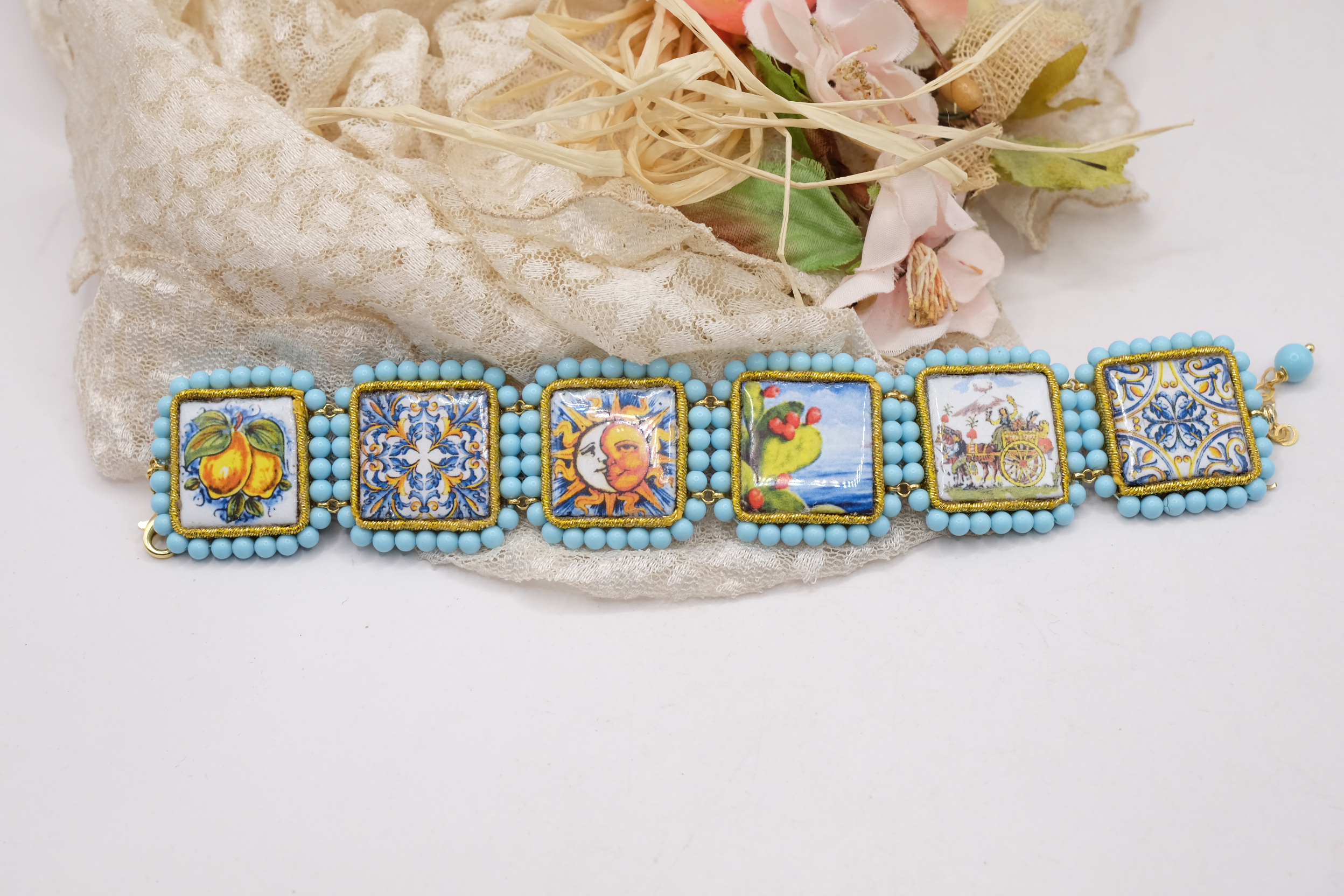 BRACCIALE MATTONELLE PASTA DI TURCHESE ARTIGIANALE CERAMICA DI CALTAGIRONE V B (2)