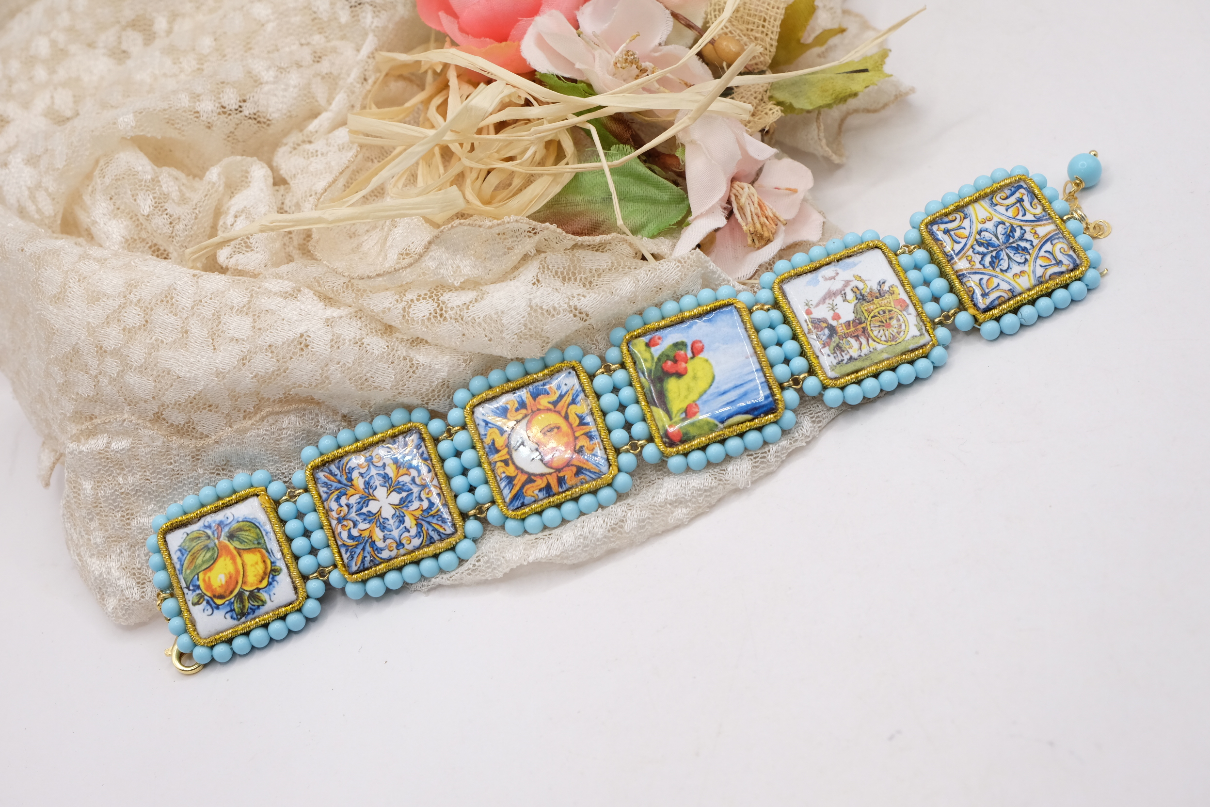BRACCIALE MATTONELLE PASTA DI TURCHESE ARTIGIANALE CERAMICA DI CALTAGIRONE V B (3)