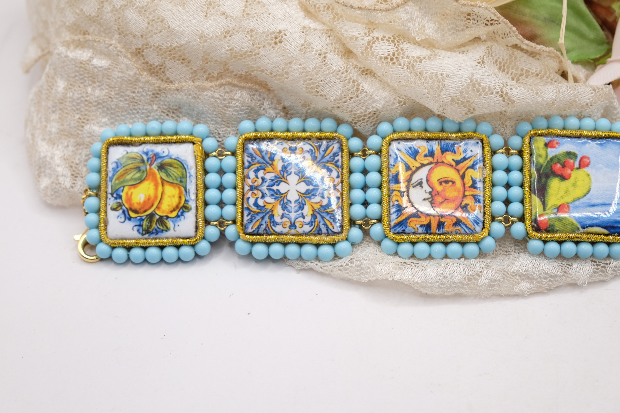 BRACCIALE MATTONELLE PASTA DI TURCHESE ARTIGIANALE CERAMICA DI CALTAGIRONE V B (4)