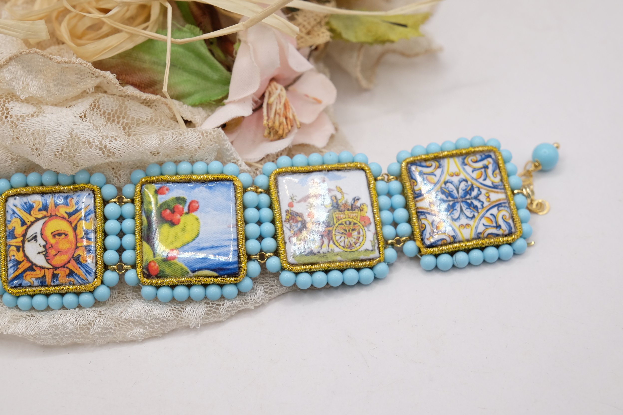 BRACCIALE MATTONELLE PASTA DI TURCHESE ARTIGIANALE CERAMICA DI CALTAGIRONE V B (5)