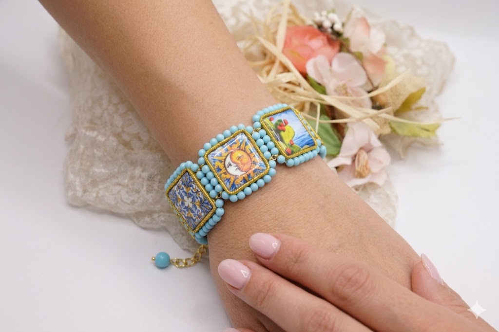 BRACCIALE MATTONELLE PASTA DI TURCHESE ARTIGIANALE CERAMICA DI CALTAGIRONE V B