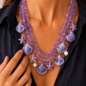 Collana Ametista Multifilo Conchiglie e Stelle Marine in ceramica di Caltagirone