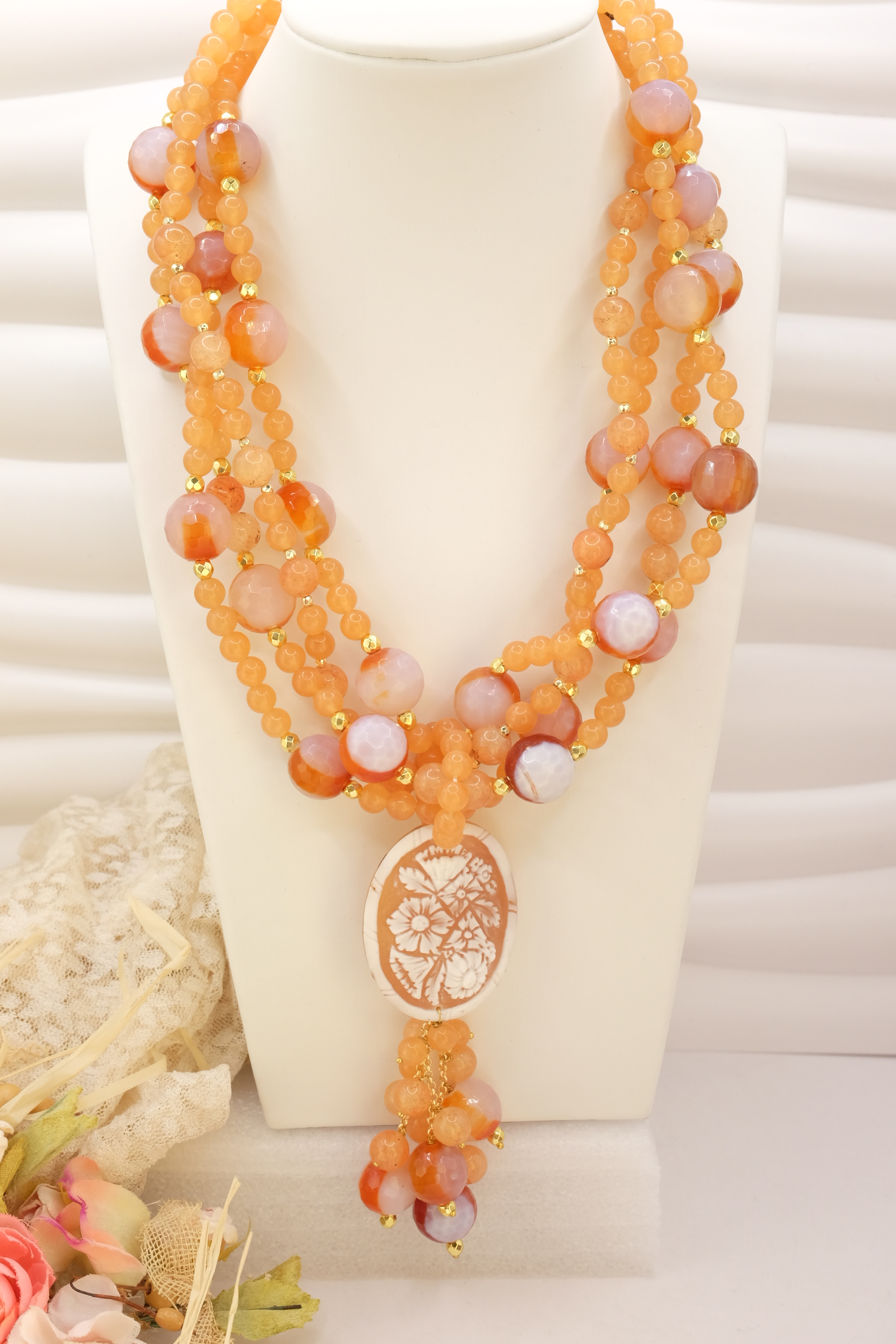 COLLANA ARTIGIANALE AGATA CORNIOLA CAMMEO TORRE DEL GRECO MULTIFILO (2)
