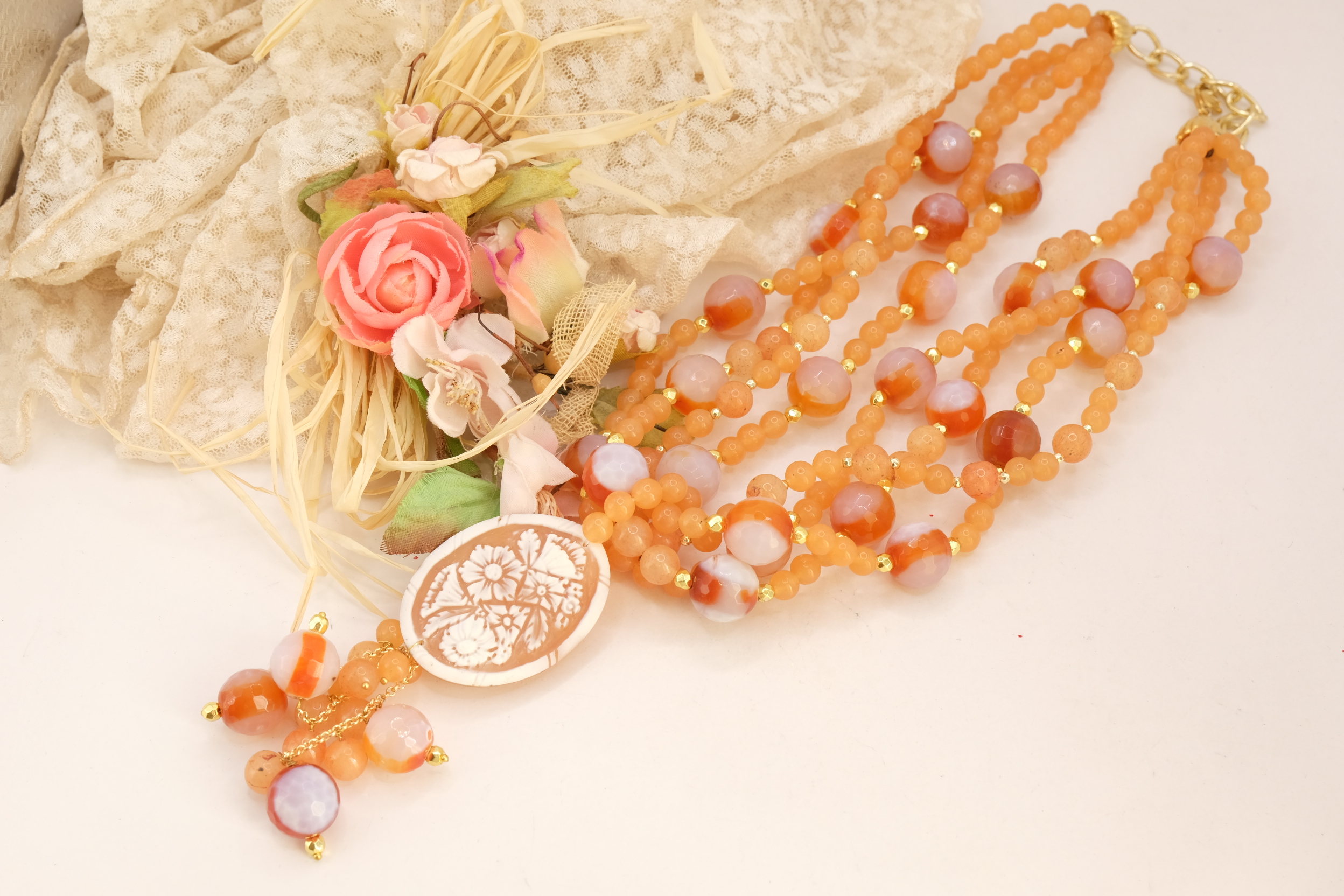 COLLANA ARTIGIANALE AGATA CORNIOLA CAMMEO TORRE DEL GRECO MULTIFILO (3)