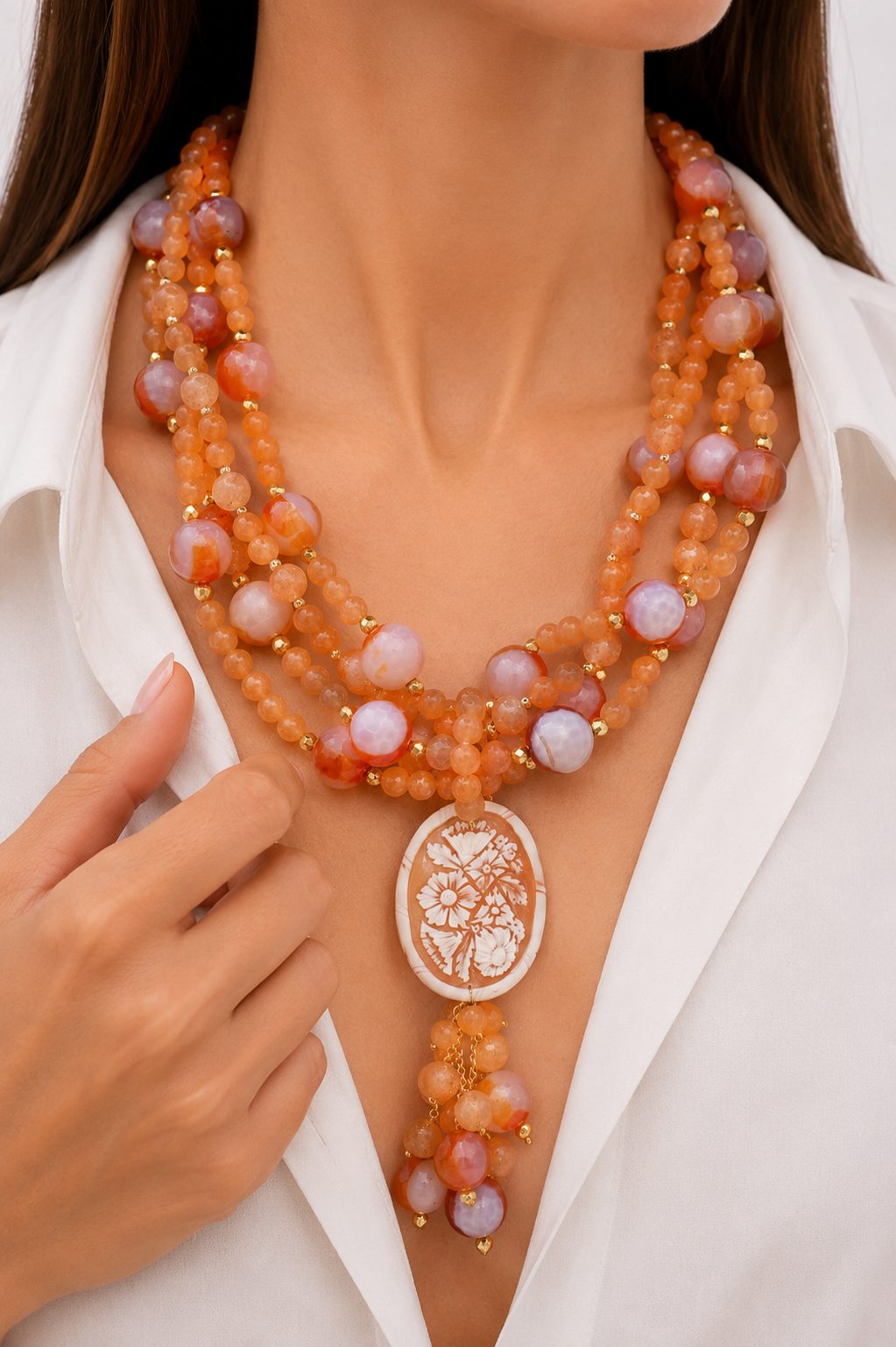 COLLANA ARTIGIANALE AGATA CORNIOLA CAMMEO TORRE DEL GRECO MULTIFILO (4)