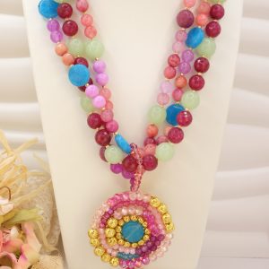 Collana Multifilo Tinte Verde Lilla Rosa Blu Cristalli Tessito