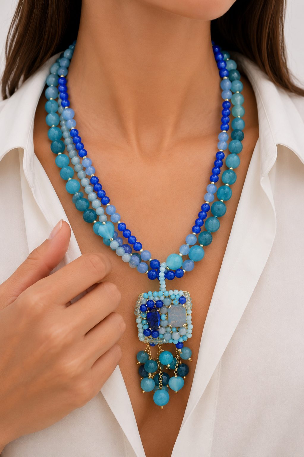 COLLANA ARTIGIANALE AGATA GIADA OCCHIO DI GATTO AZZURRO BLU CRISTALLI TESSITO (1)
