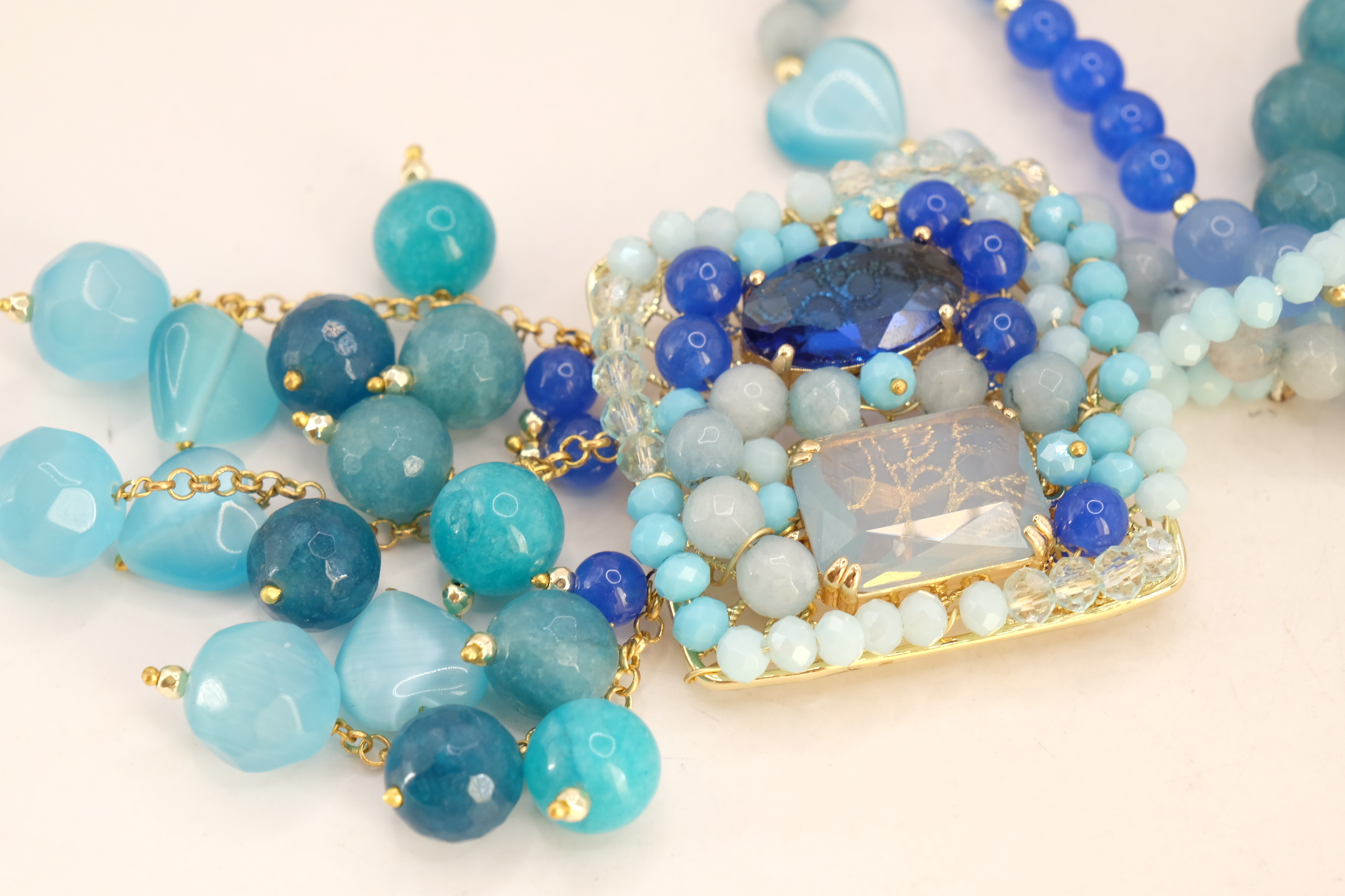 COLLANA ARTIGIANALE AGATA GIADA OCCHIO DI GATTO AZZURRO BLU CRISTALLI TESSITO (1)