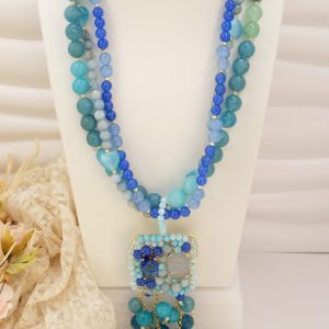 Collana Multifilo Tinte Azzurro Blu Giada Occhio di Gatto Agata Cristalli