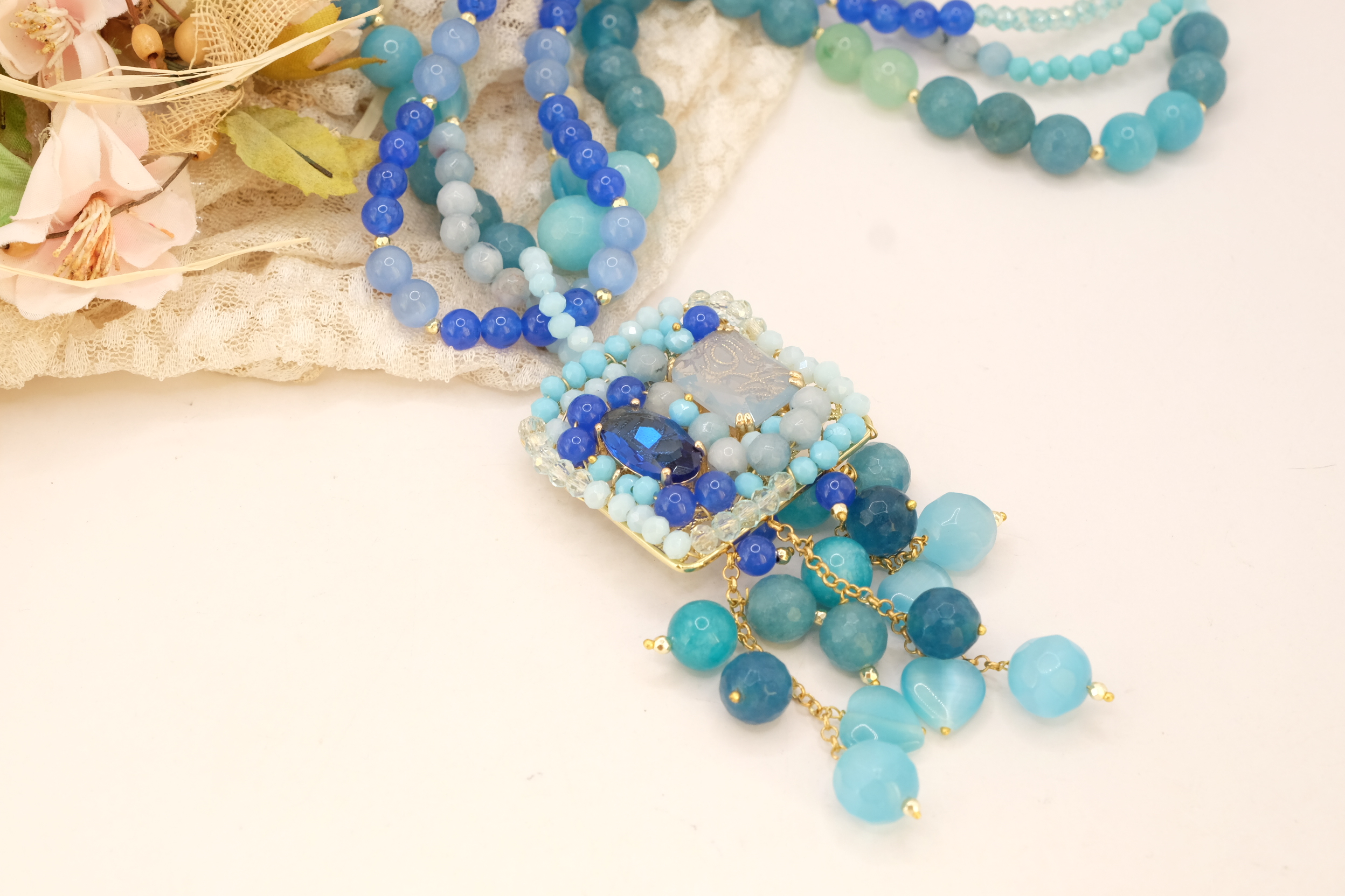 COLLANA ARTIGIANALE AGATA GIADA OCCHIO DI GATTO AZZURRO BLU CRISTALLI TESSITO (3)