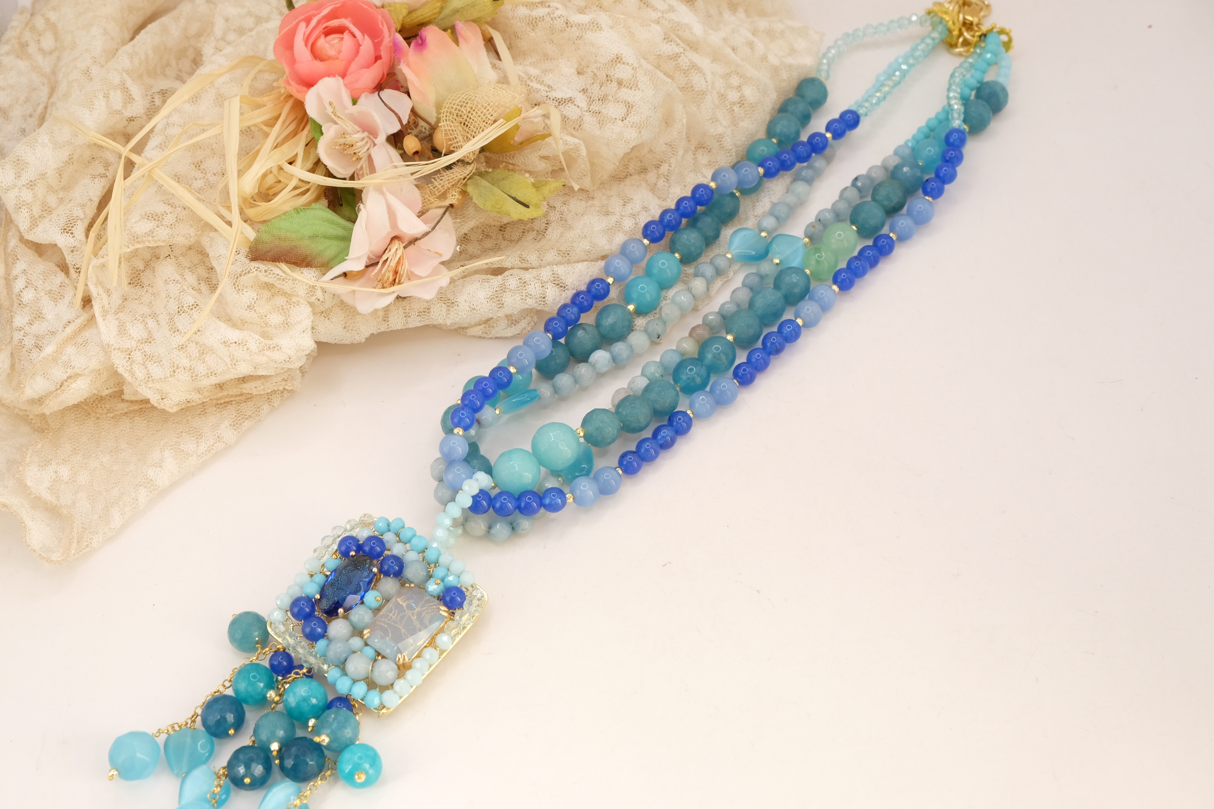 COLLANA ARTIGIANALE AGATA GIADA OCCHIO DI GATTO AZZURRO BLU CRISTALLI TESSITO (4)
