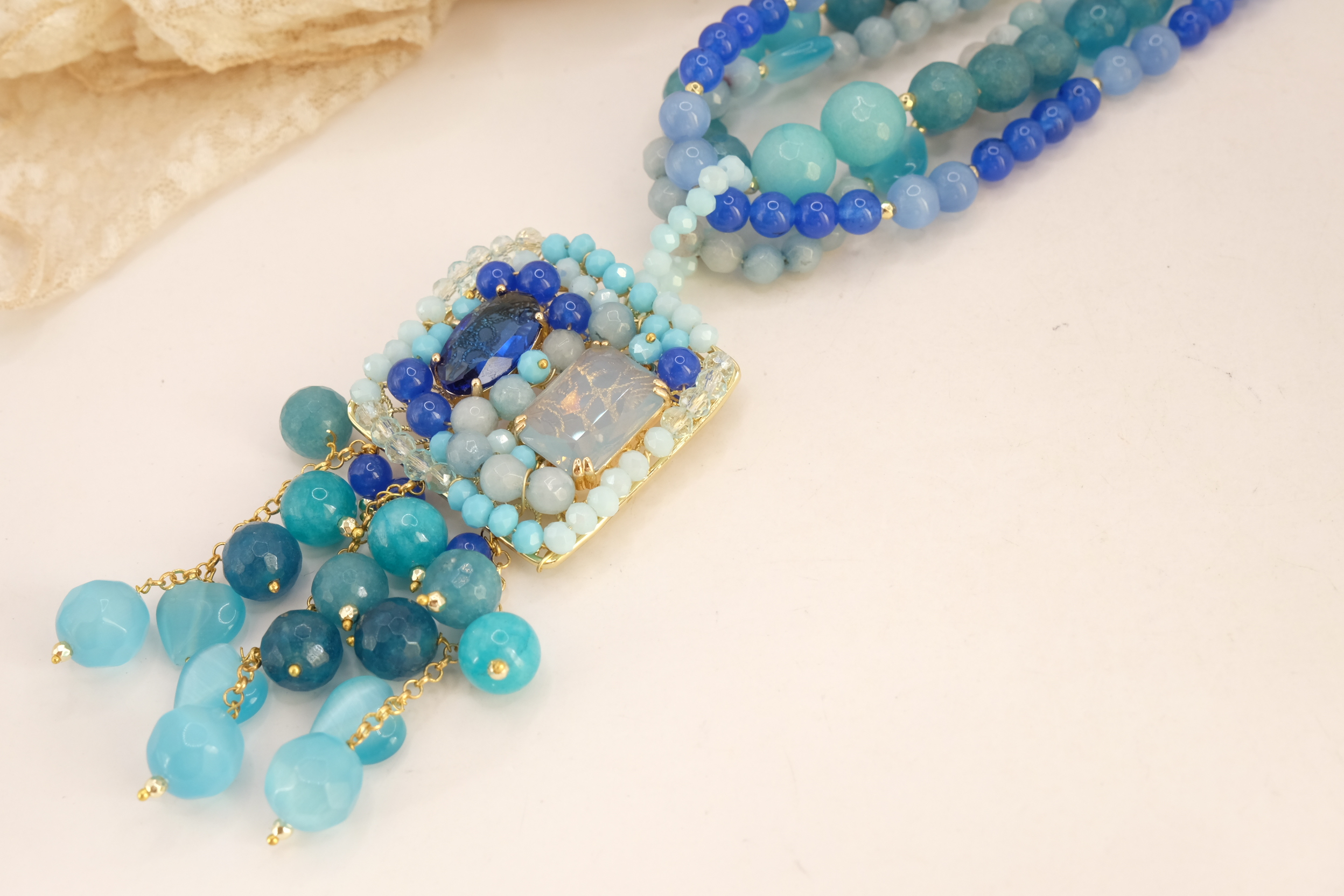 COLLANA ARTIGIANALE AGATA GIADA OCCHIO DI GATTO AZZURRO BLU CRISTALLI TESSITO (5)