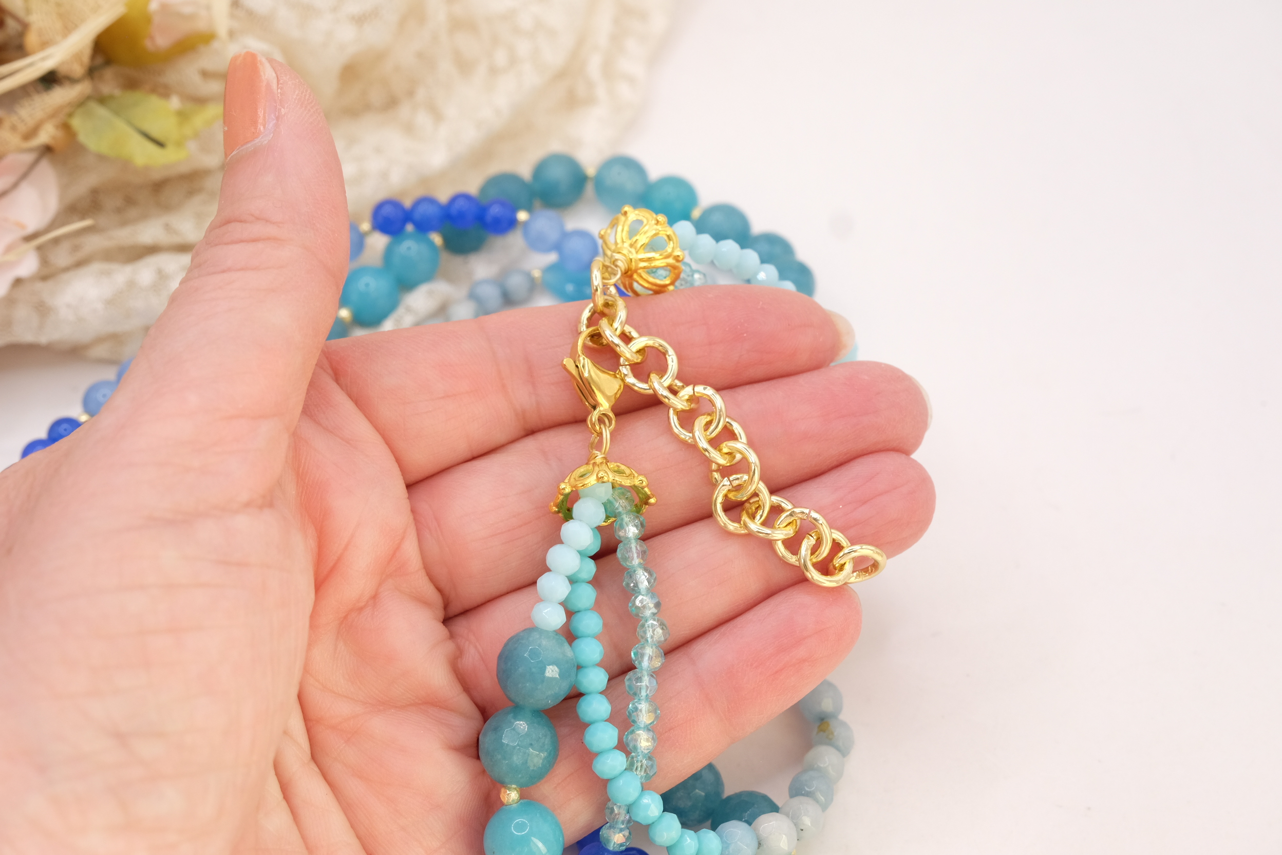 COLLANA ARTIGIANALE AGATA GIADA OCCHIO DI GATTO AZZURRO BLU CRISTALLI TESSITO (6)