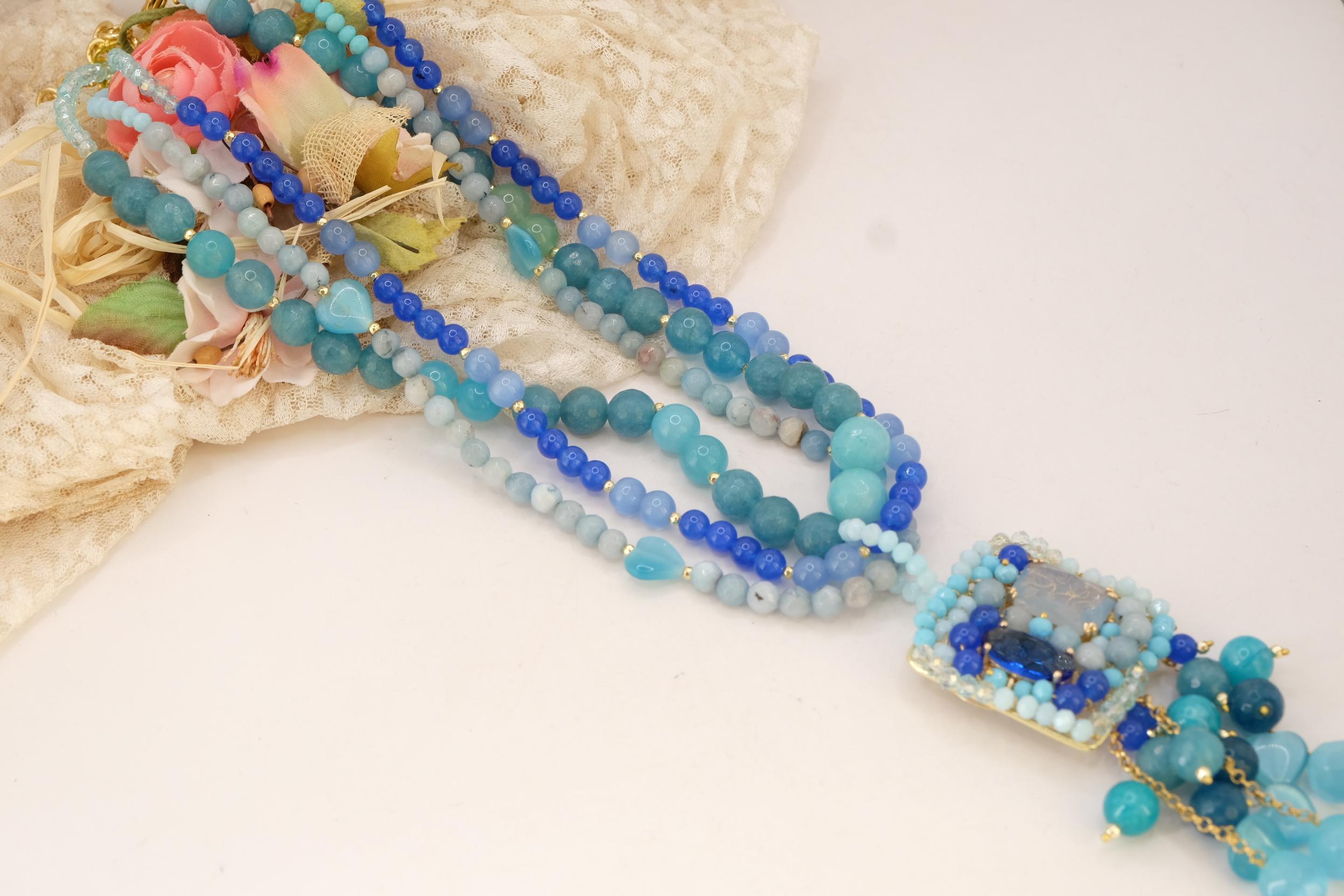 COLLANA ARTIGIANALE AGATA GIADA OCCHIO DI GATTO AZZURRO BLU CRISTALLI TESSITO (8)