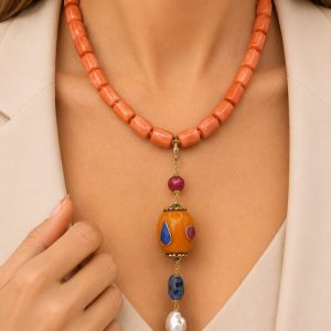 Collana Artigianale Ciondolo Nepalese Sodalite Perla Giada Borgogna Corallo Bamboo