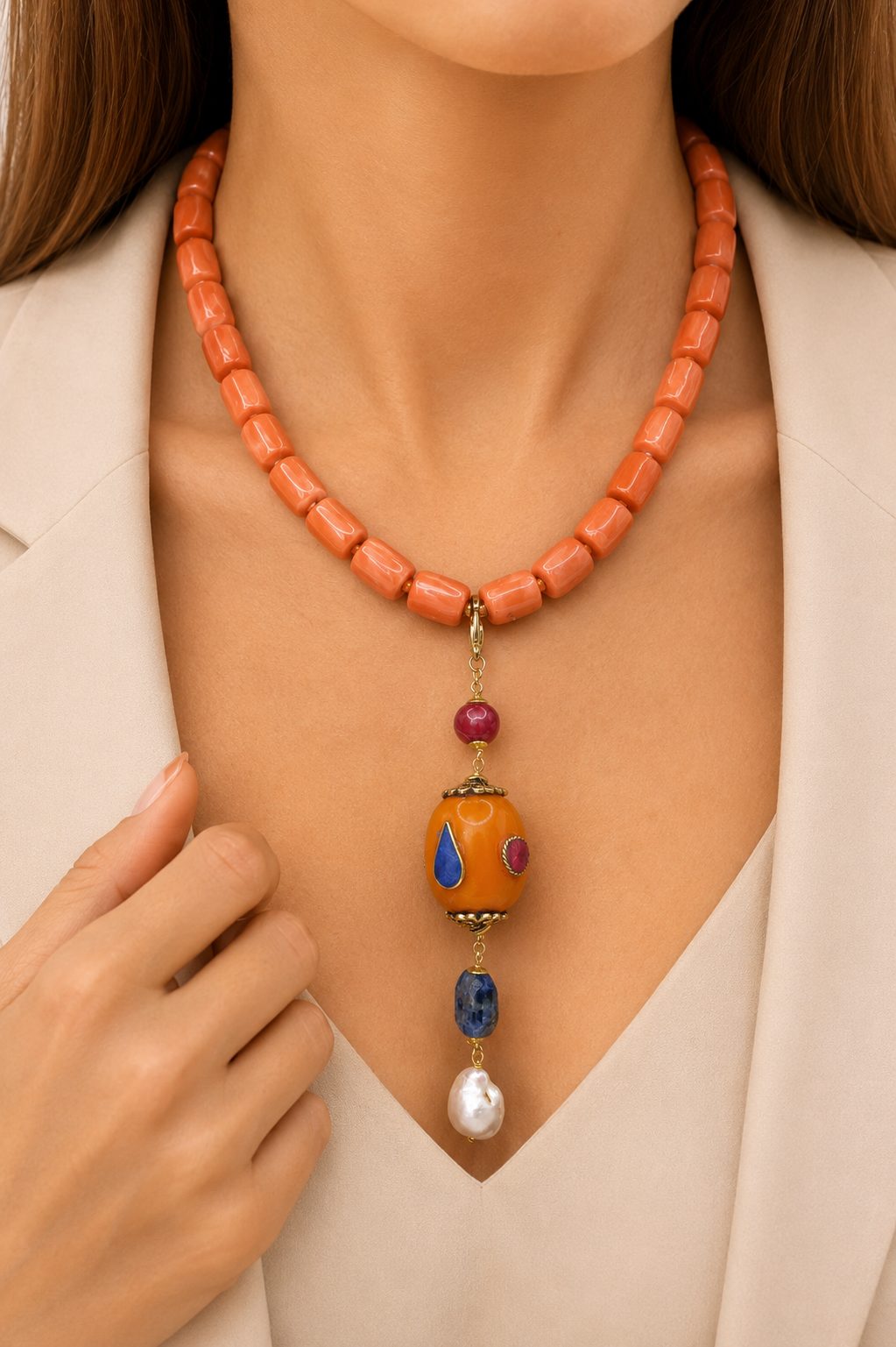 COLLANA ARTIGIANALE CORALLO BAMBOO ELEMENTO TIBETANO SODALITE GIADA BORGOGNA PERLA