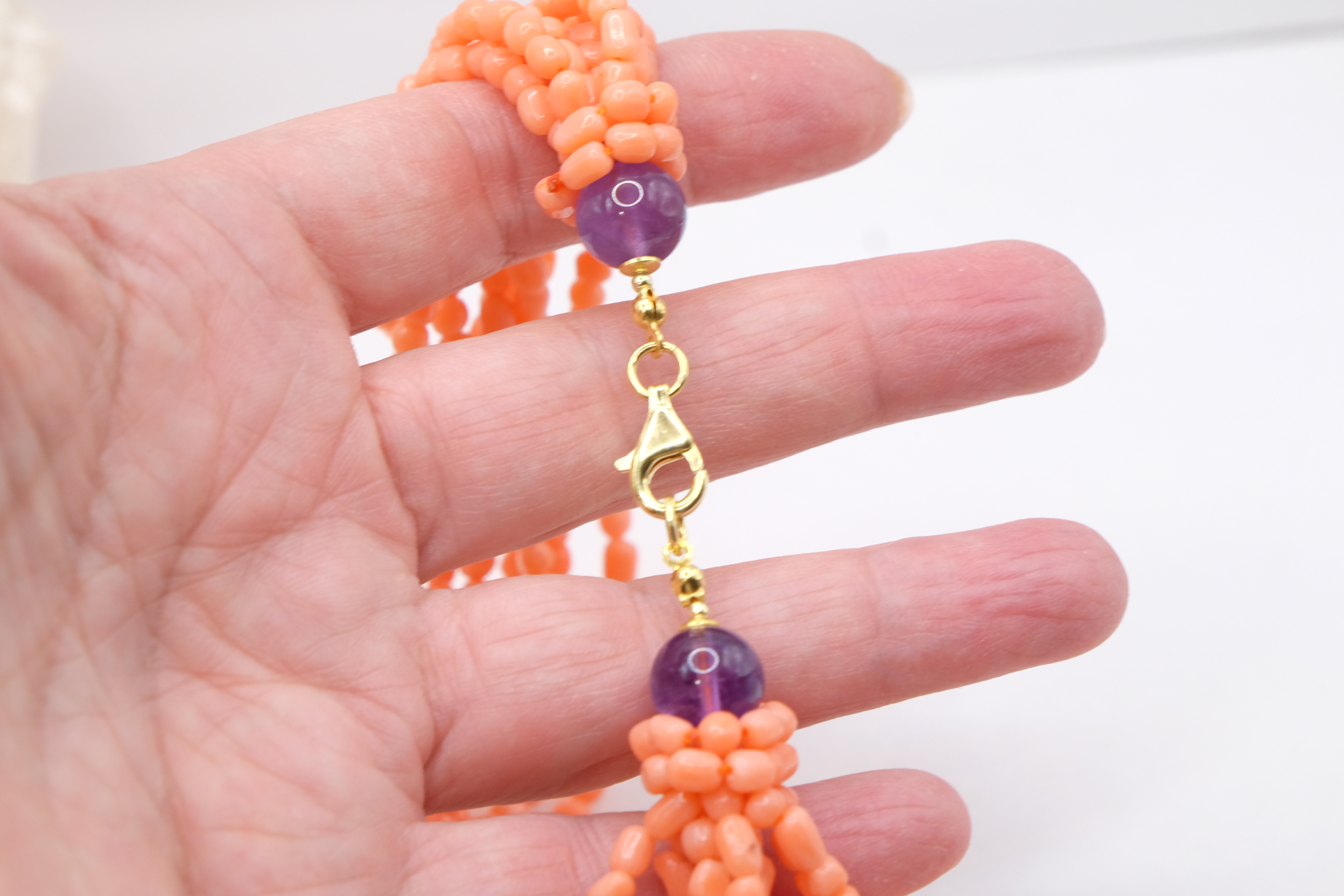 COLLANA ARTIGIANALE CORALLO BAMBOO SALMONE AMETISTA ACQUAMARINA ARGENTO (1)