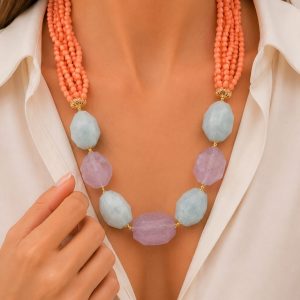 Collana Multifilo Corallo Bamboo Ametista Acquamarina Argento