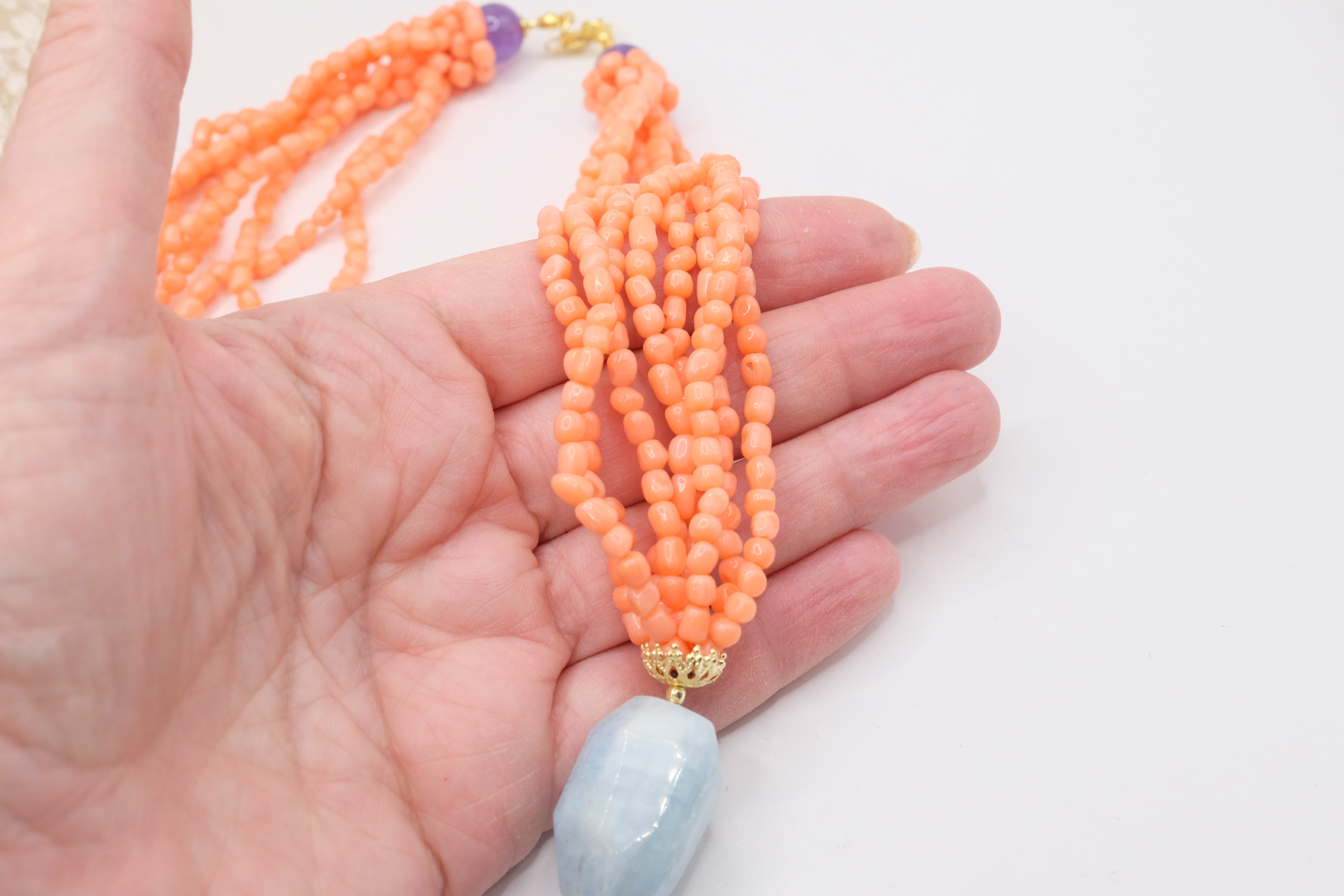 COLLANA ARTIGIANALE CORALLO BAMBOO SALMONE AMETISTA ACQUAMARINA ARGENTO (6)