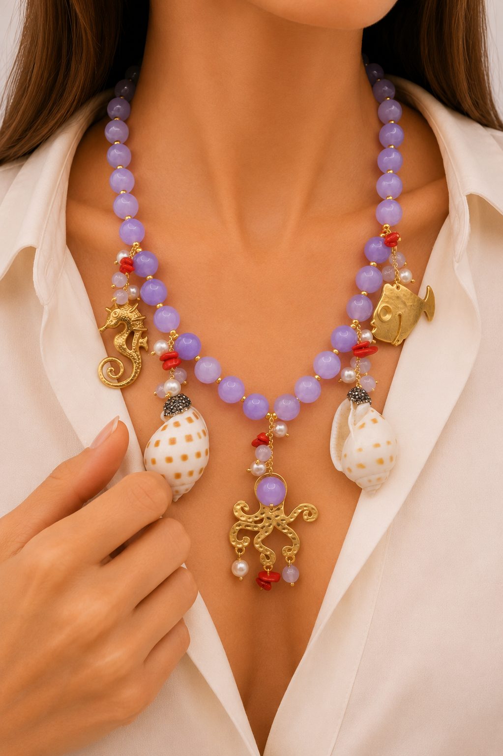 COLLANA ARTIGIANALE GIADA LAVANDA PESCE CAVALLUCCIO CONCHIGLIE POLPO PERLE CORALLO