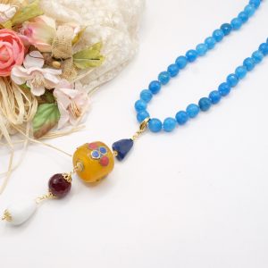 Collana Artigianale Ciondolo Nepalese Lapis Giada Borgogna Agata Bianca Giada Blu