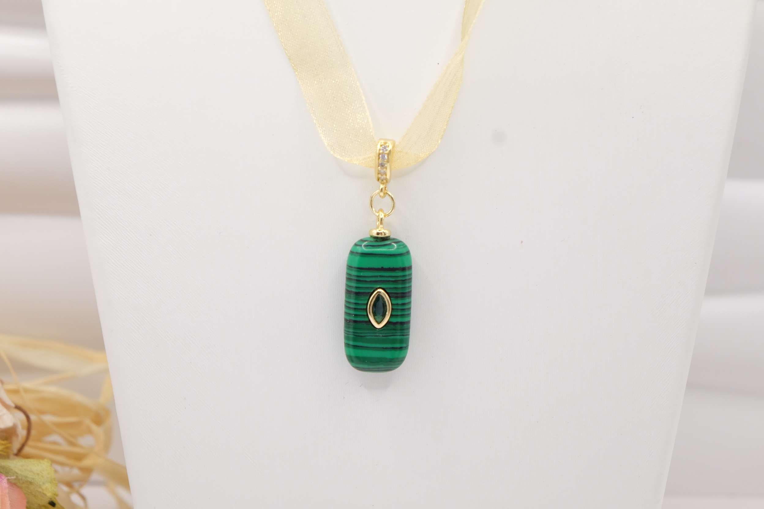 COLLANA ARTIGIANALE GIROCOLLO TULLE ARGENTO 925 DORATO GANCIO ZIRCONI PENDENTE MALACHITE (3)