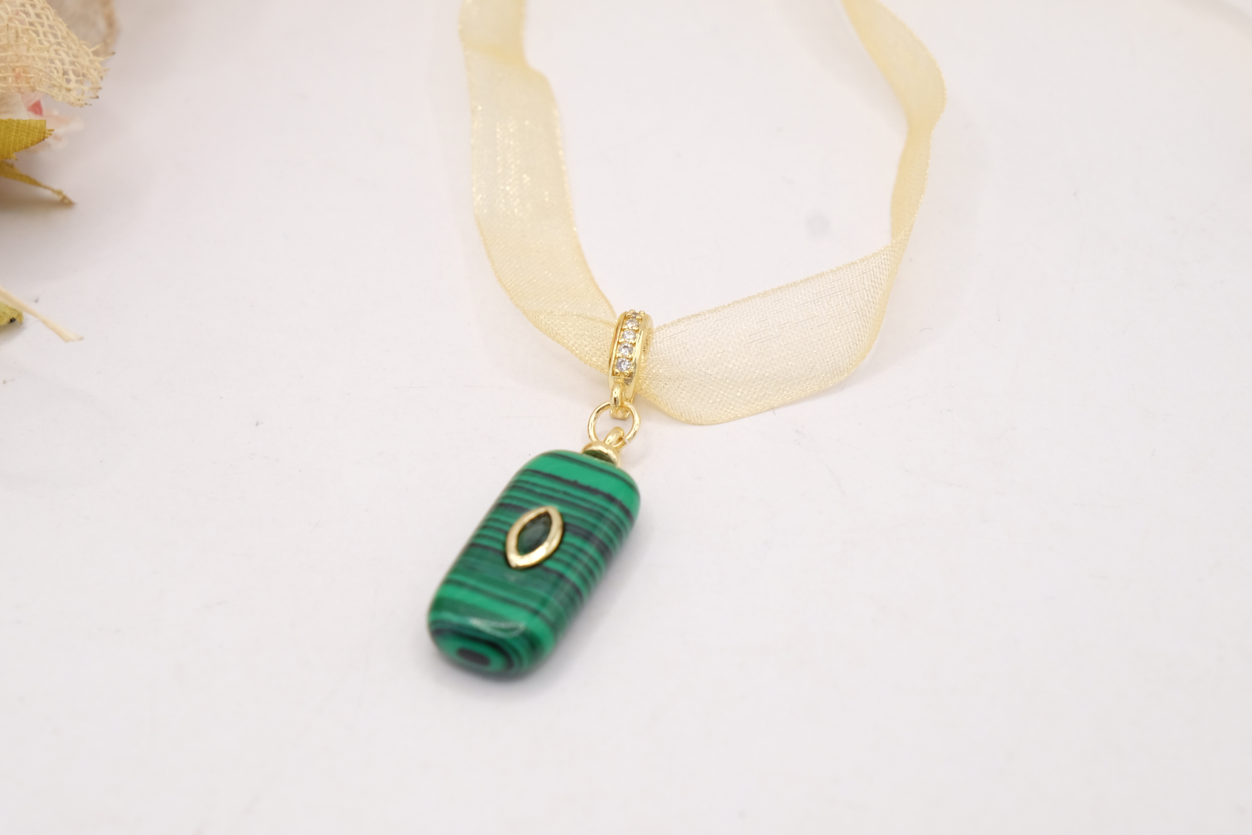 COLLANA ARTIGIANALE GIROCOLLO TULLE ARGENTO 925 DORATO GANCIO ZIRCONI PENDENTE MALACHITE (5)