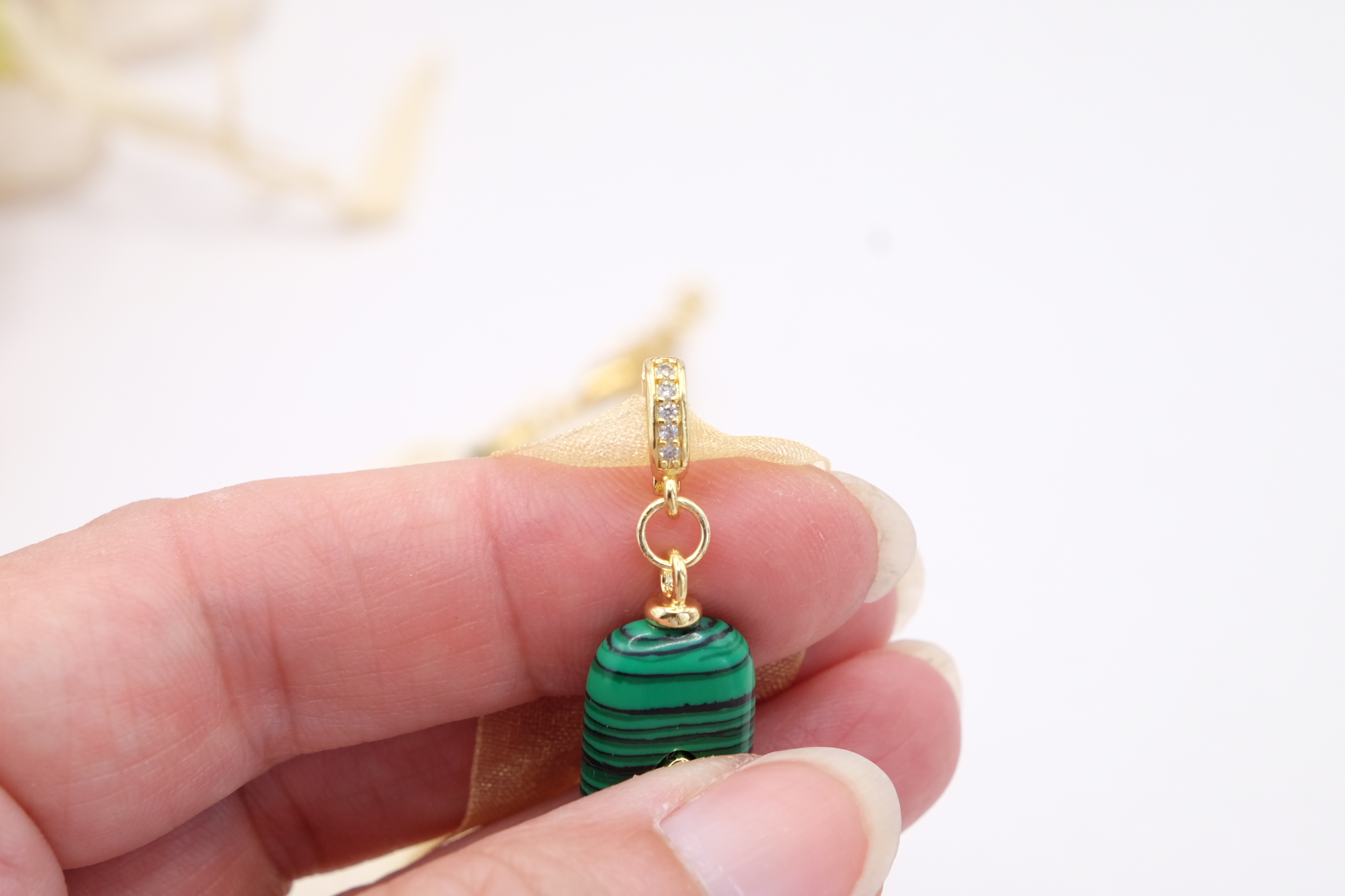 COLLANA ARTIGIANALE GIROCOLLO TULLE ARGENTO 925 DORATO GANCIO ZIRCONI PENDENTE MALACHITE (7)