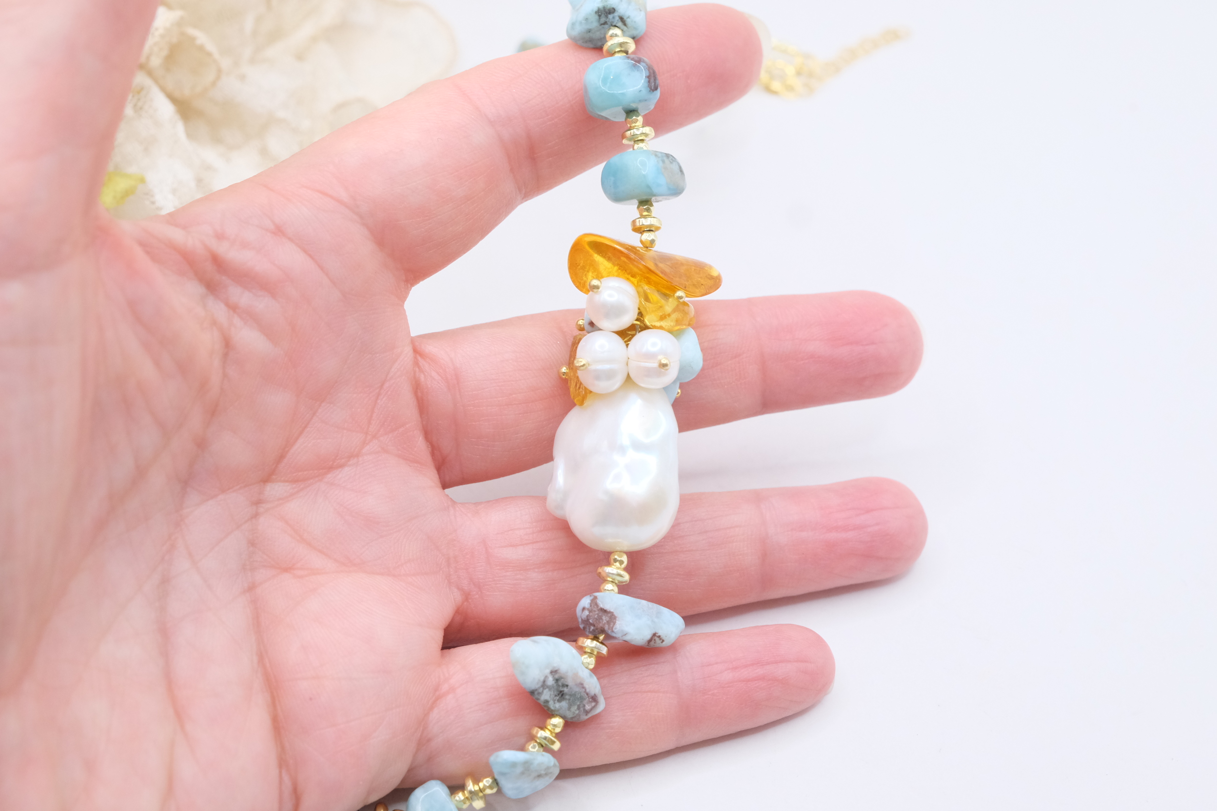 COLLANA ARTIGIANALE LARIMAR PERLE AMBRA ARGENTO (1)