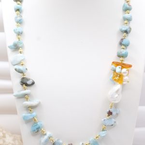 Collana Prezioso Larimar Perle Naturali Ambra Argento