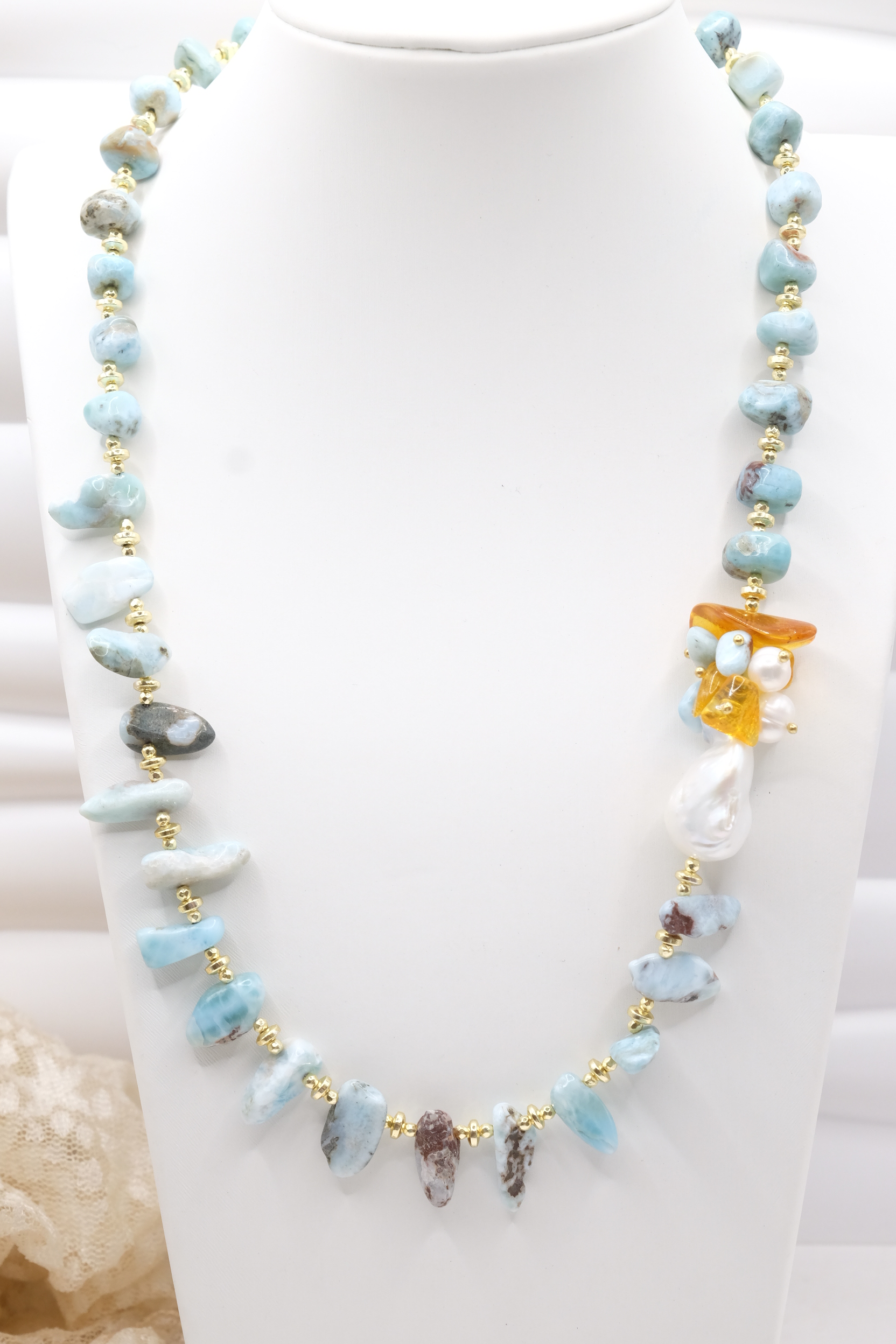 COLLANA ARTIGIANALE LARIMAR PERLE AMBRA ARGENTO (2)