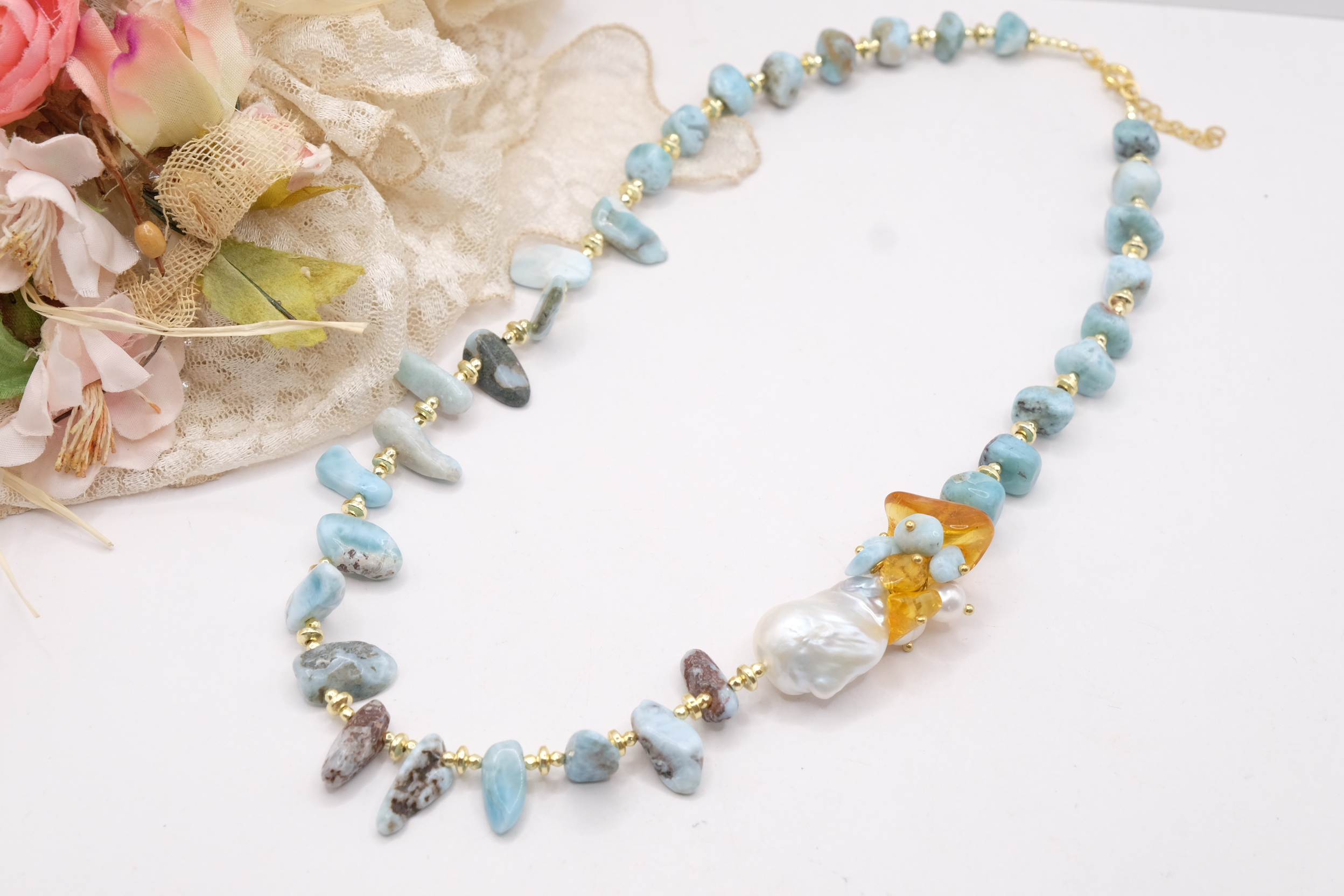 COLLANA ARTIGIANALE LARIMAR PERLE AMBRA ARGENTO (3)