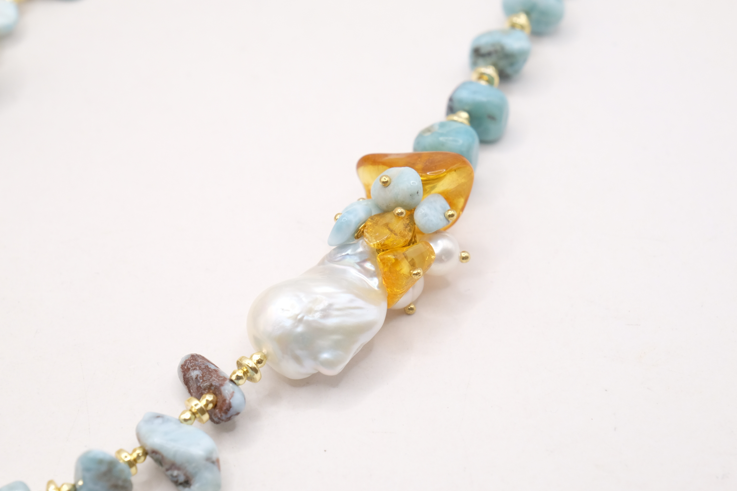 COLLANA ARTIGIANALE LARIMAR PERLE AMBRA ARGENTO (4)
