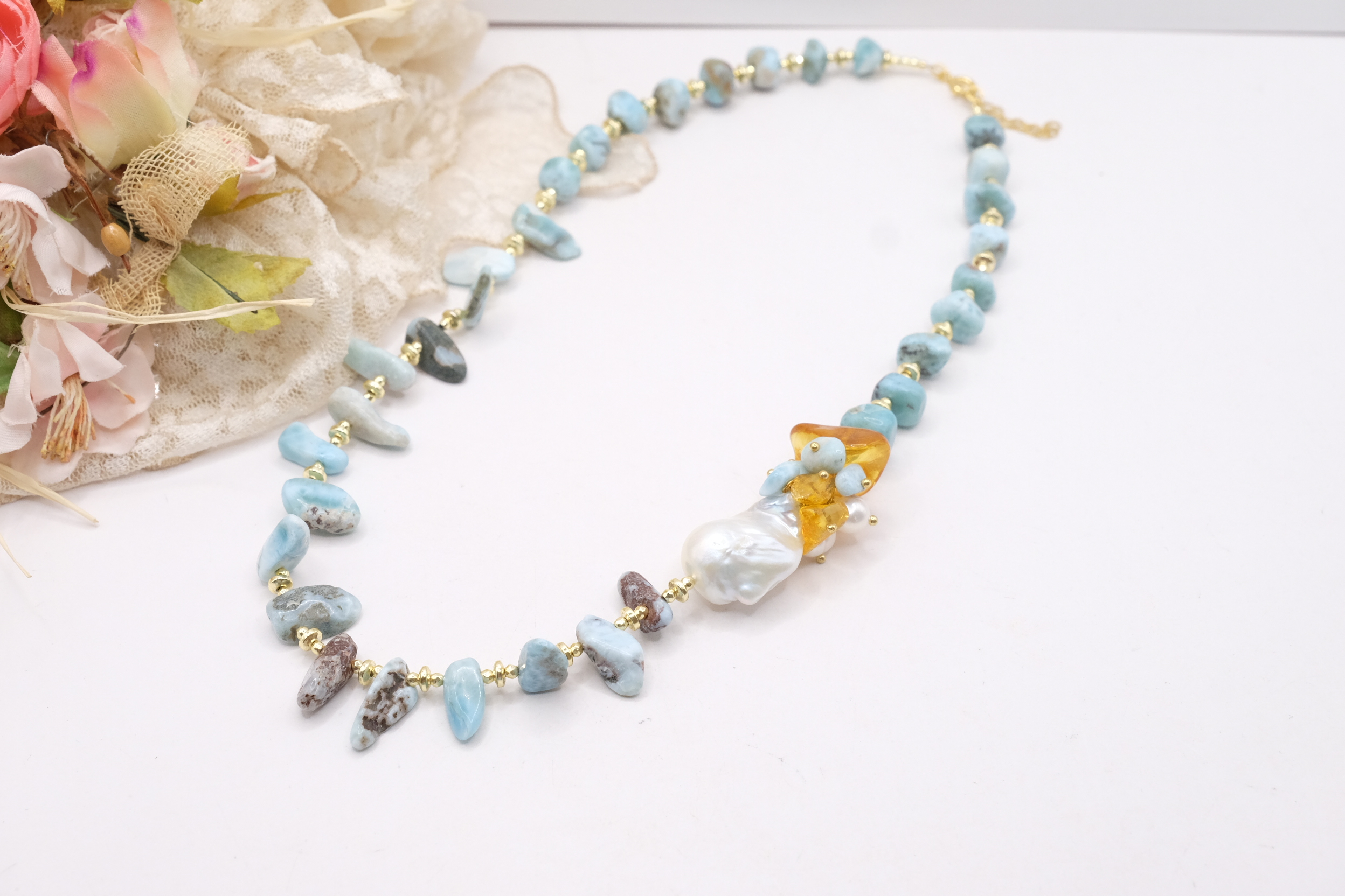 COLLANA ARTIGIANALE LARIMAR PERLE AMBRA ARGENTO (5)