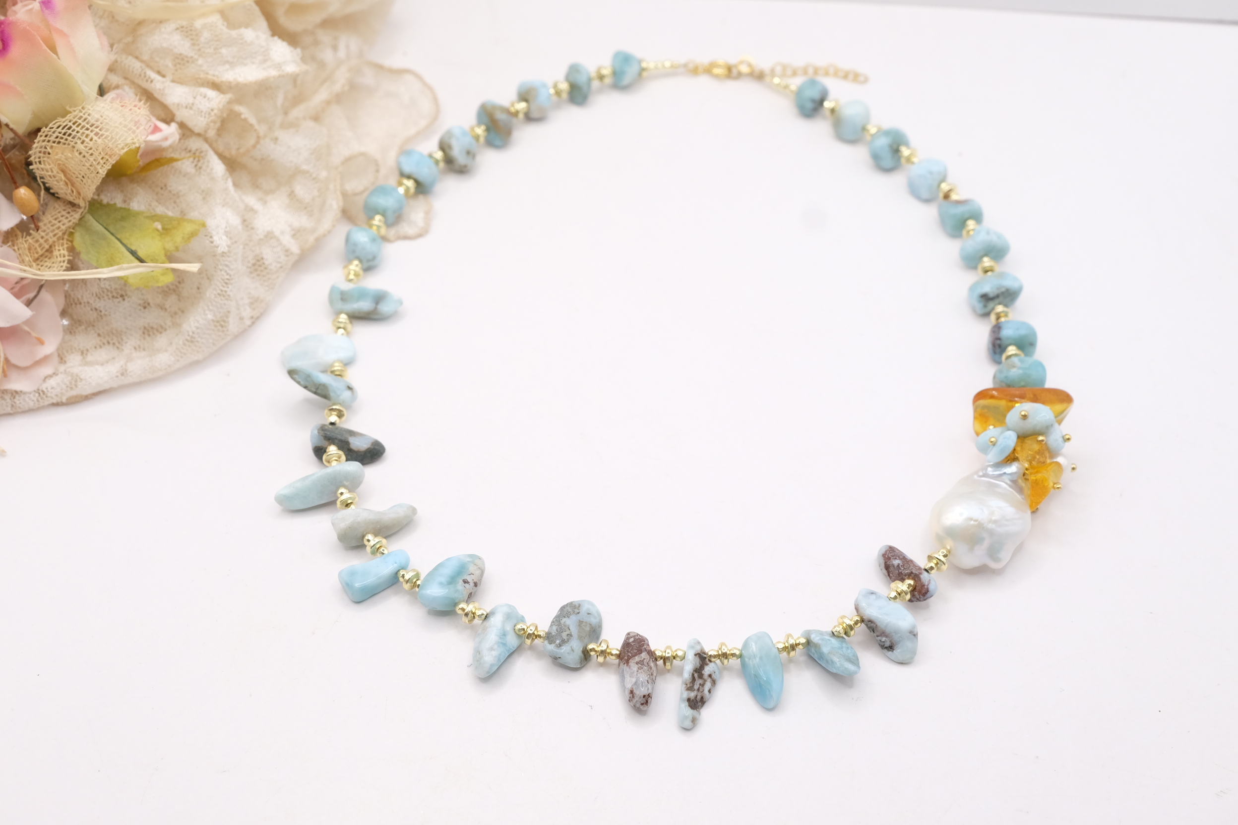 COLLANA ARTIGIANALE LARIMAR PERLE AMBRA ARGENTO (6)
